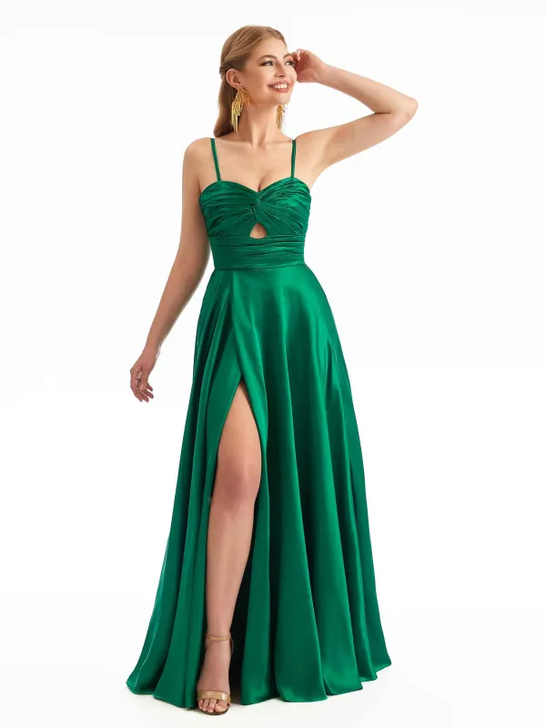 Chic Spaghetti Straps Stretchy Satin Side Slit Unique Stretchy Online Bridesmaid Dresses sold by ChicSew