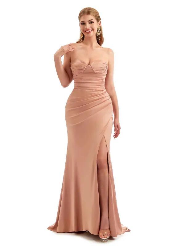 Strapless Sweetheart Sexy Side Split Stretch Satin Bridesmaid Dresses Online sold by ChicSew