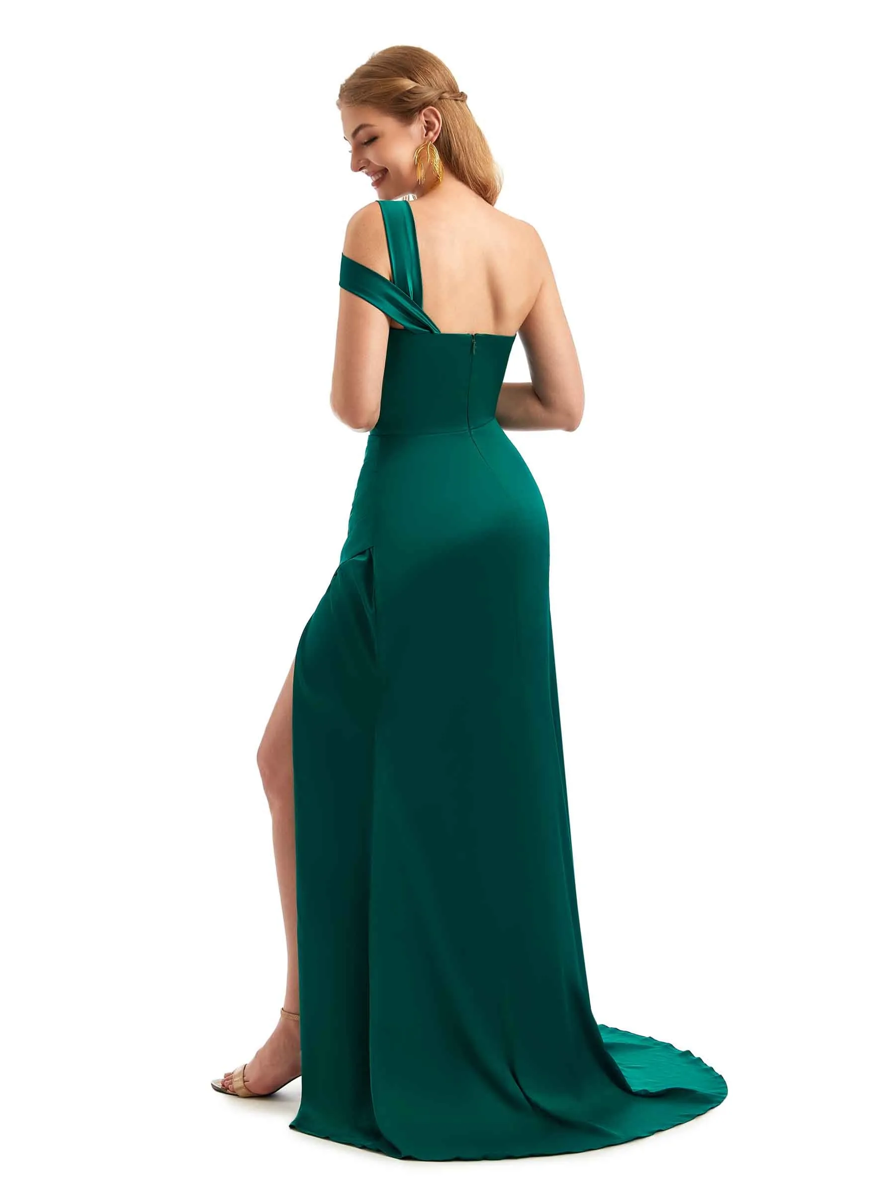 Sexy Side Slit One Shoulder Mermaid Stretch Satin Unique Long Bridesmaid Dress For Wedding sold by ChicSew product image thumbnail 5