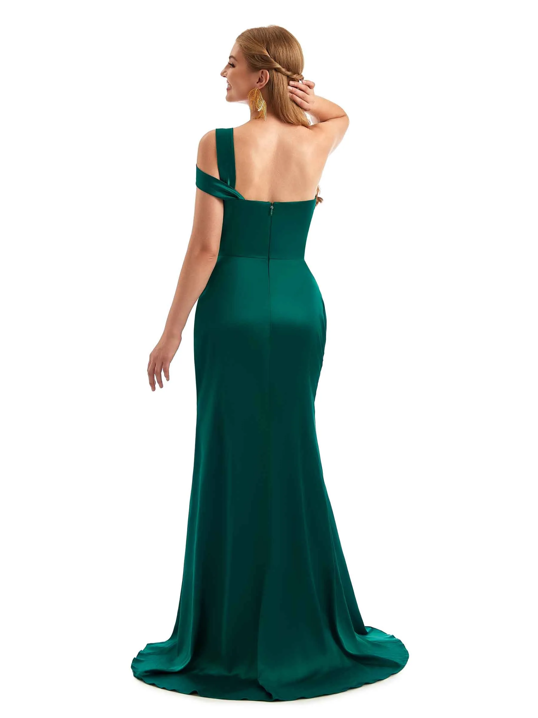 Sexy Side Slit One Shoulder Mermaid Stretch Satin Unique Long Bridesmaid Dress For Wedding sold by ChicSew product image thumbnail 3