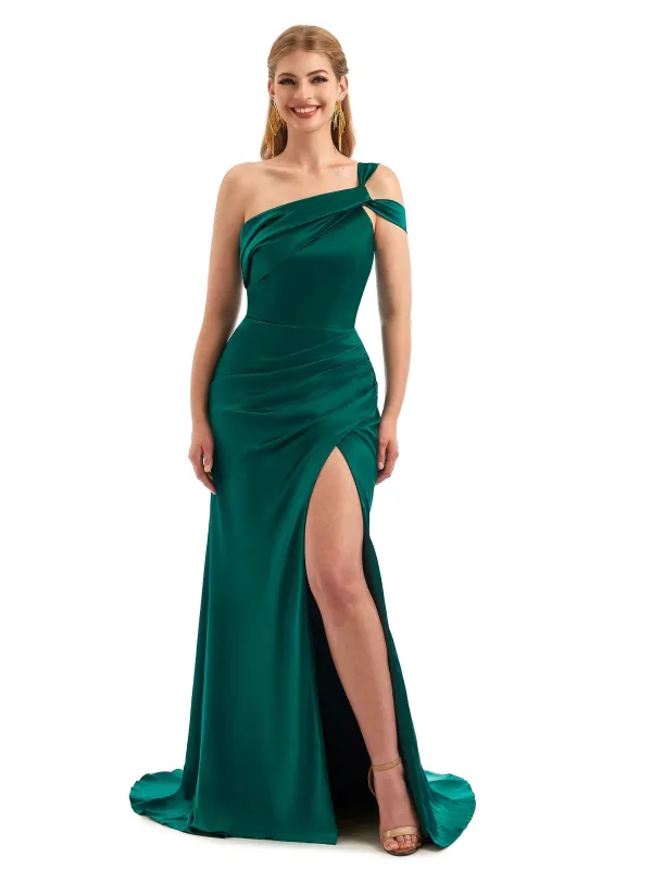 Sexy Side Slit One Shoulder Mermaid Stretch Satin Unique Long Bridesmaid Dress For Wedding sold by ChicSew