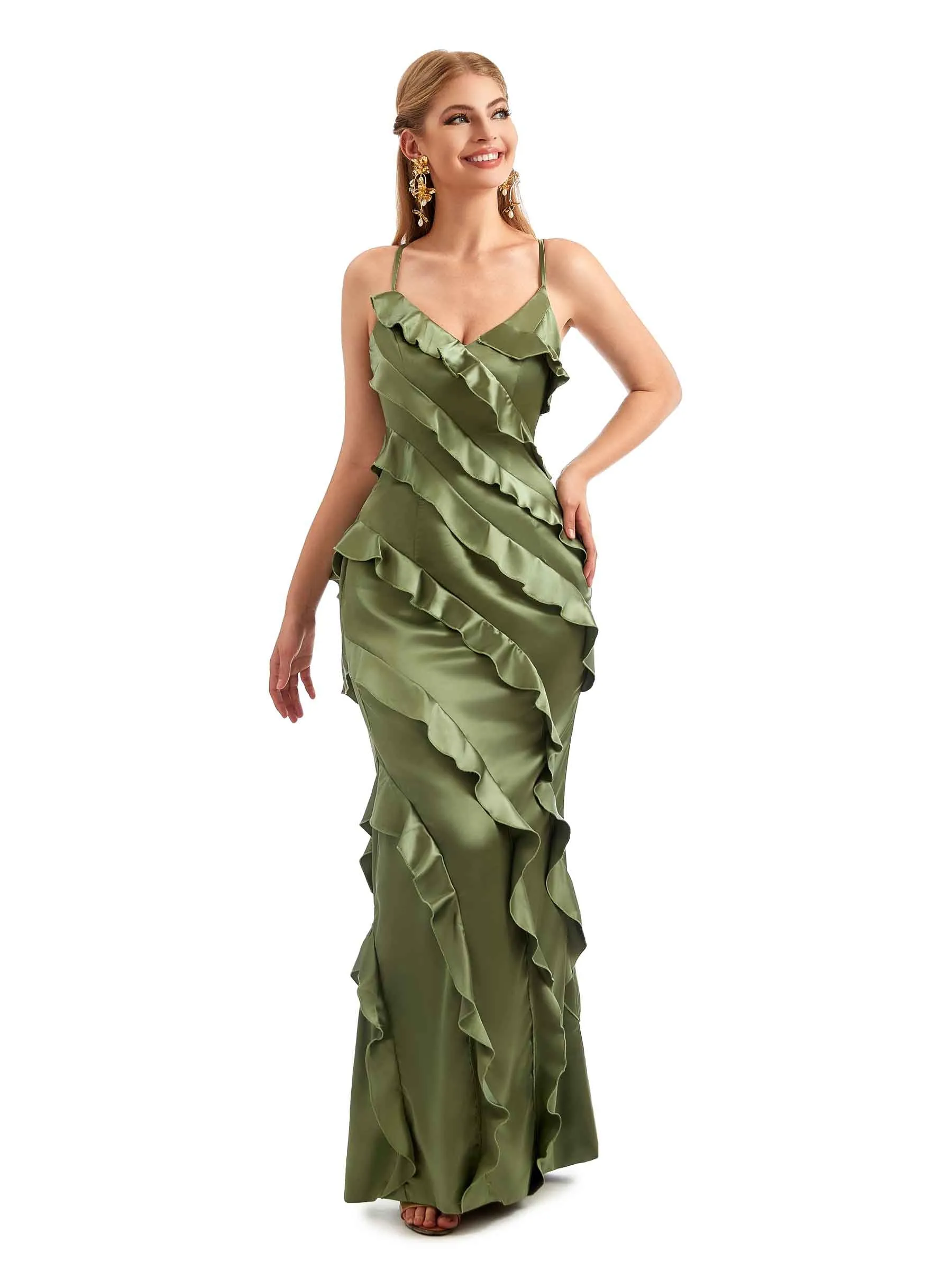 Women Spaghetti Straps Long Satin Ruffles Unique Formal Bridesmaid Dresses Online sold by ChicSew product image thumbnail 2