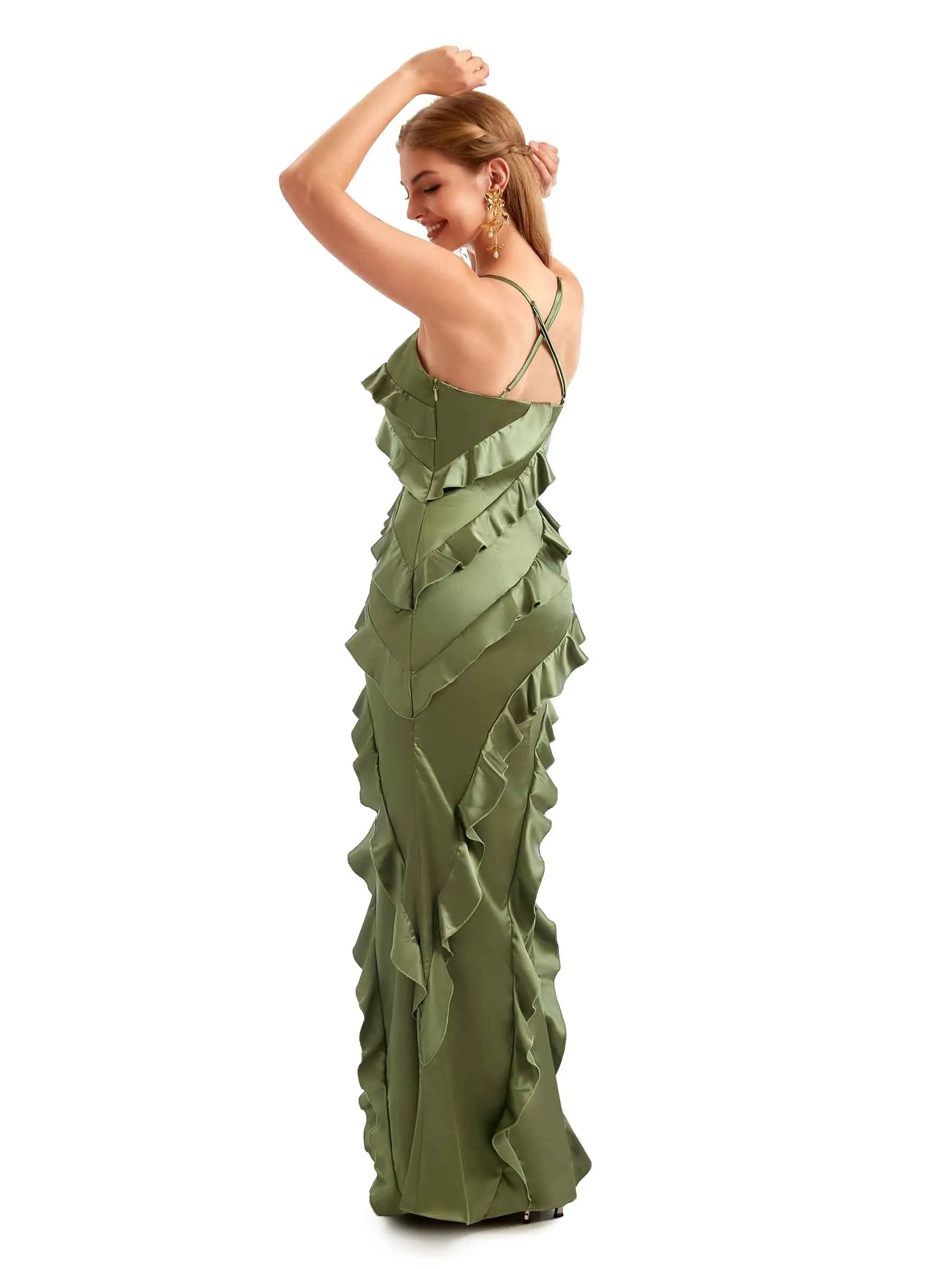 Women Spaghetti Straps Long Satin Ruffles Unique Formal Bridesmaid Dresses Online sold by ChicSew product image thumbnail 4