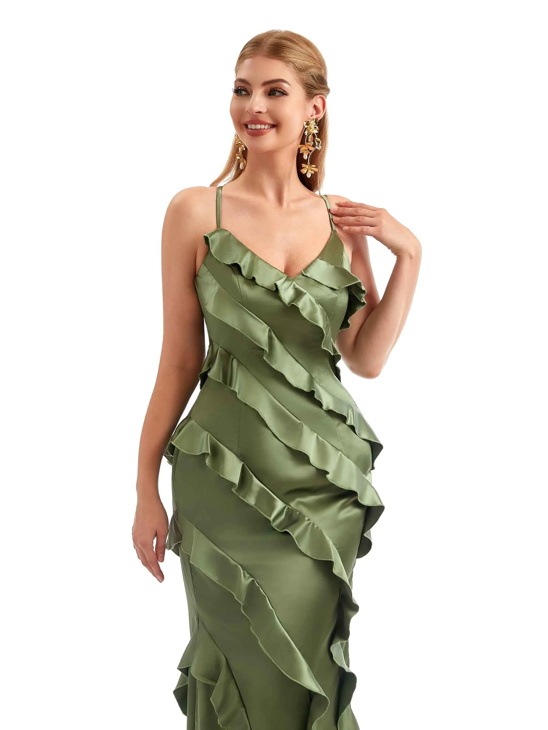 Women Spaghetti Straps Long Satin Ruffles Unique Formal Bridesmaid Dresses Online sold by ChicSew product image thumbnail 3
