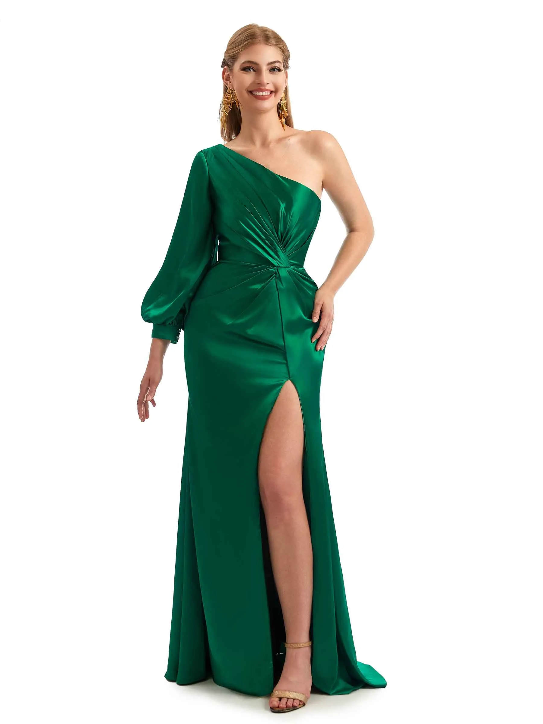 Elegant One Shoulder Long Sleeves Side Split Long Satin Bridesmaid Dresses Online sold by ChicSew product image thumbnail 5