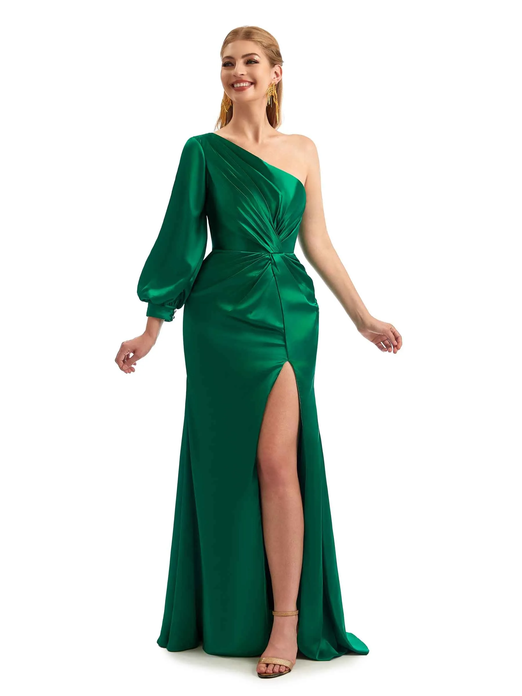 Elegant One Shoulder Long Sleeves Side Split Long Satin Bridesmaid Dresses Online sold by ChicSew