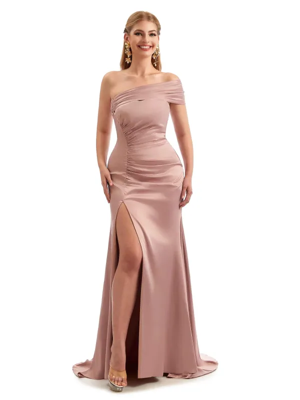 Modern Side Split One Shoulder Long Stretchy Satin Bridesmaid Dresses Online sold by ChicSew