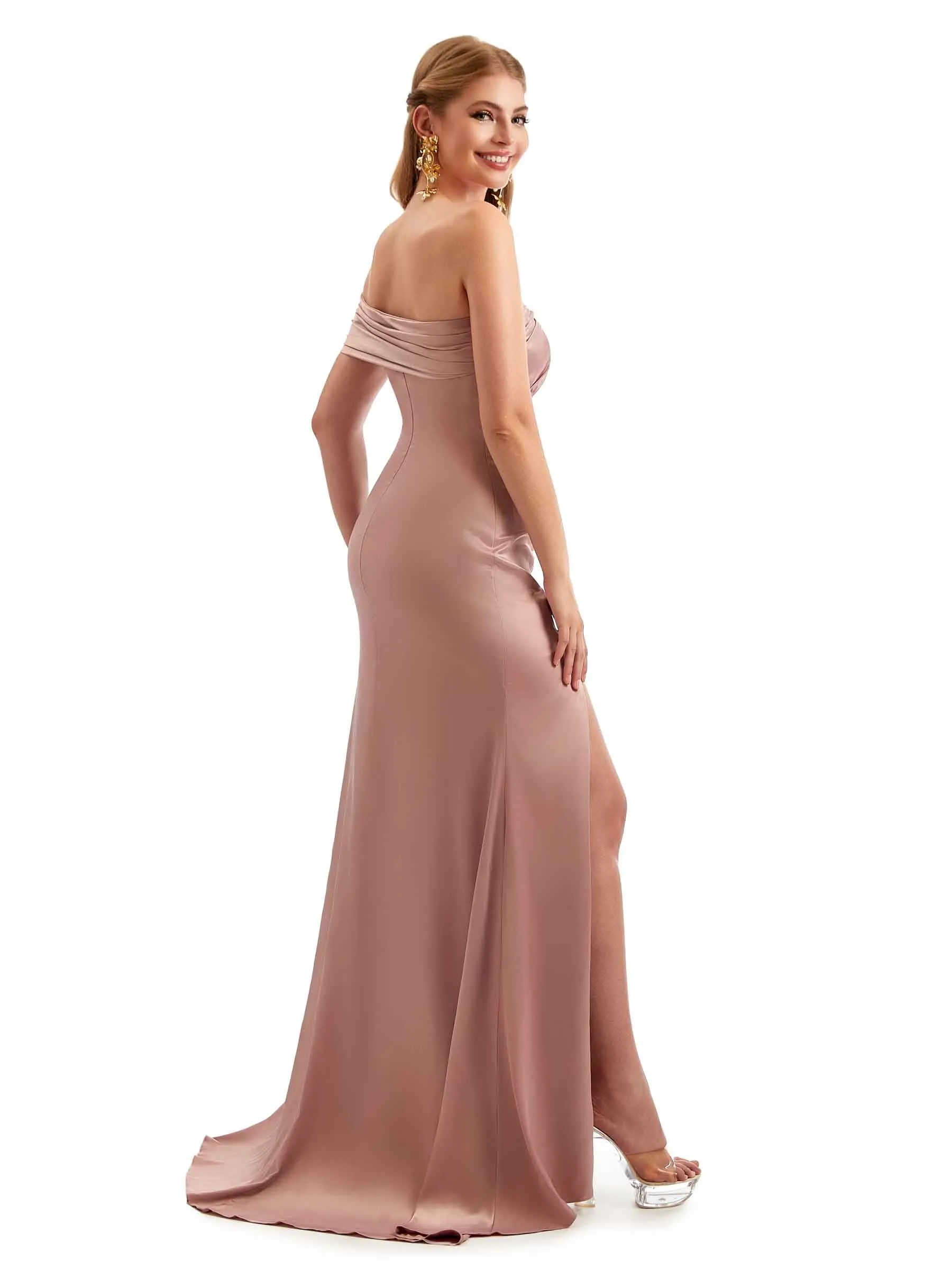 Modern Side Split One Shoulder Long Stretchy Satin Bridesmaid Dresses Online sold by ChicSew product image thumbnail 5