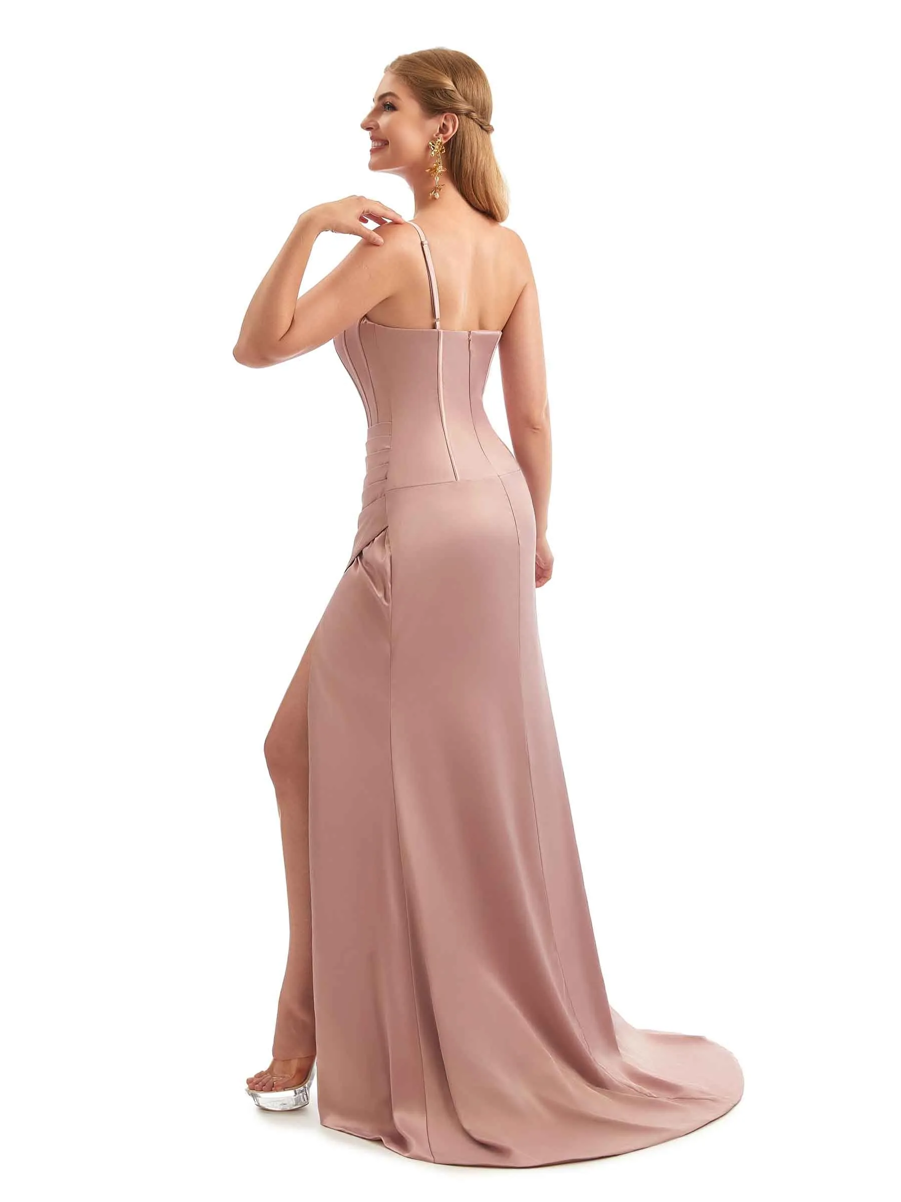 One Shoulder Side Split Stretch Satin Unique Formal Bridesmaid Dresses Online sold by ChicSew product image thumbnail 5