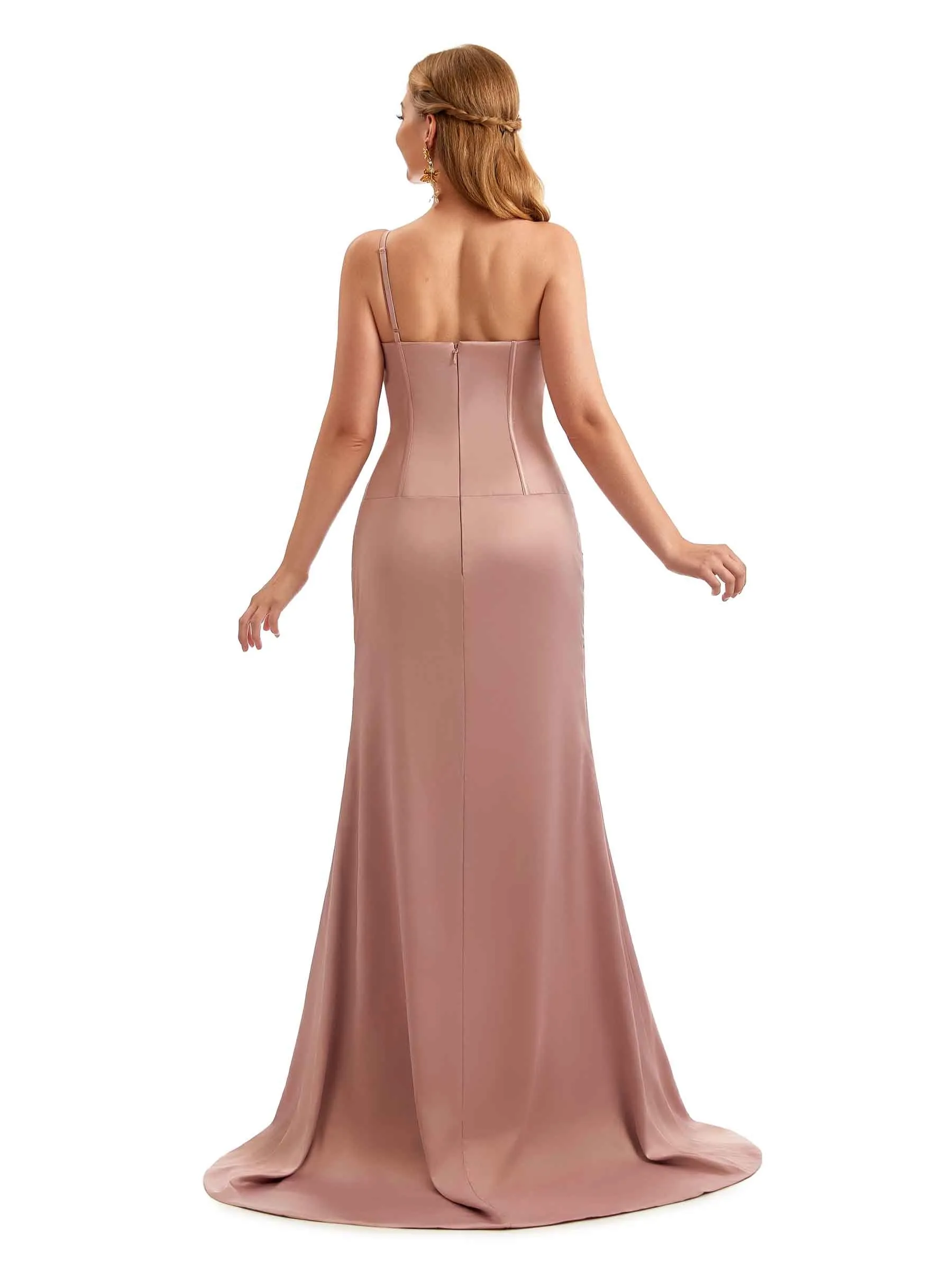 One Shoulder Side Split Stretch Satin Unique Formal Bridesmaid Dresses Online sold by ChicSew product image thumbnail 3