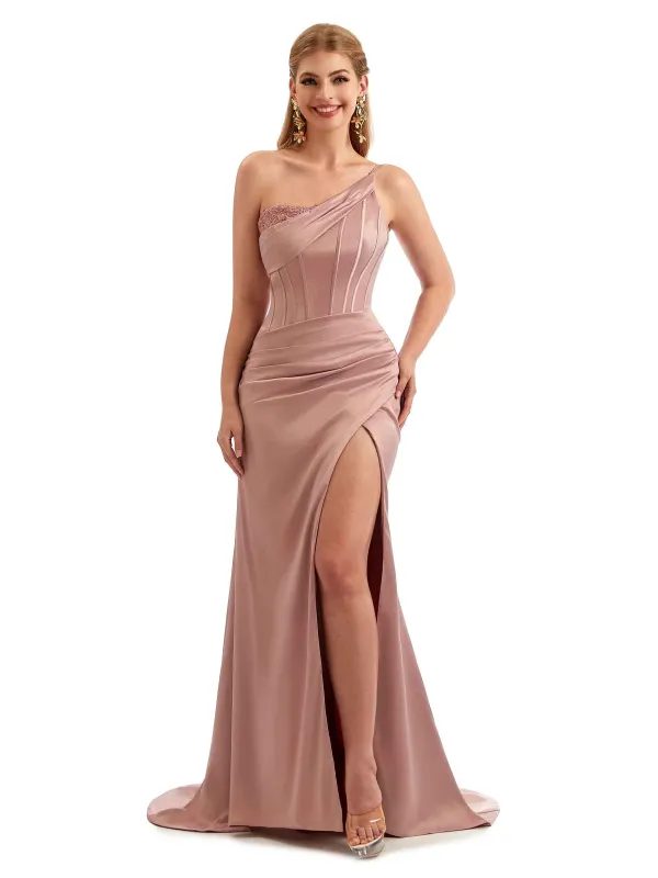 One Shoulder Side Split Stretch Satin Unique Formal Bridesmaid Dresses Online sold by ChicSew