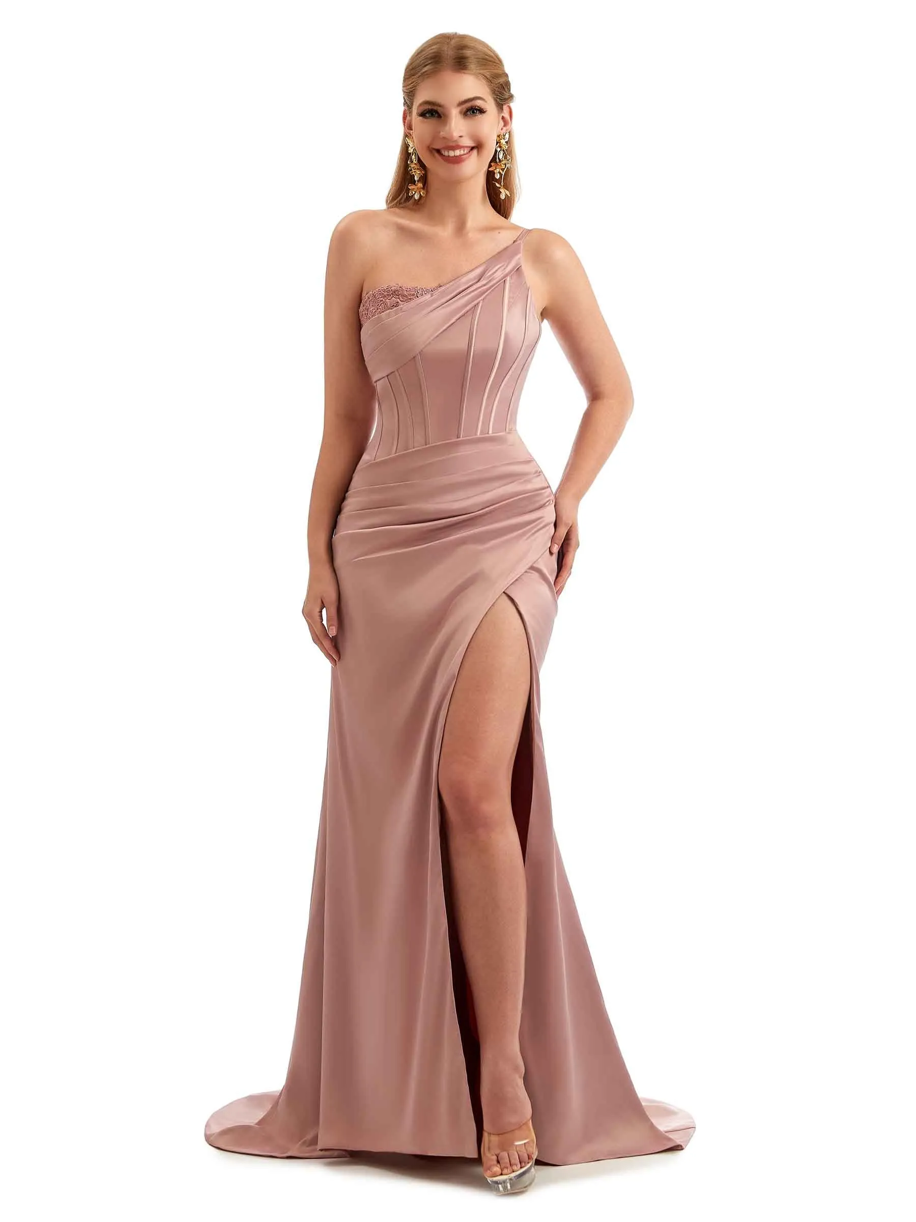 One Shoulder Side Split Stretch Satin Unique Formal Bridesmaid Dresses Online sold by ChicSew
