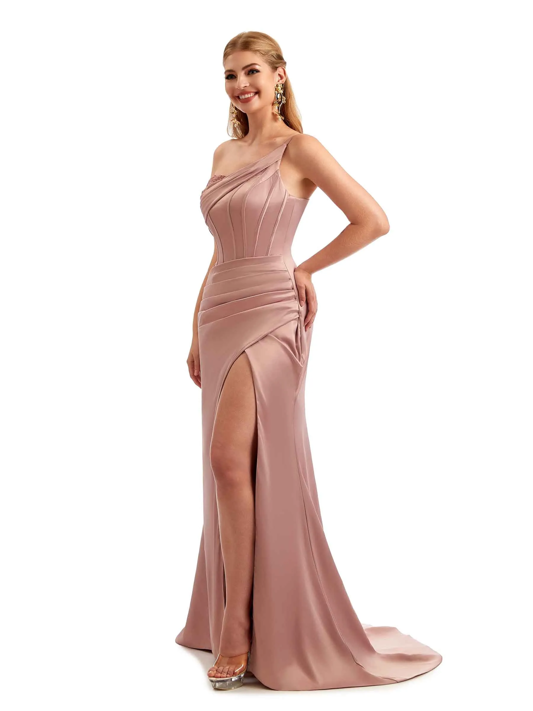 One Shoulder Side Split Stretch Satin Unique Formal Bridesmaid Dresses Online sold by ChicSew product image thumbnail 4