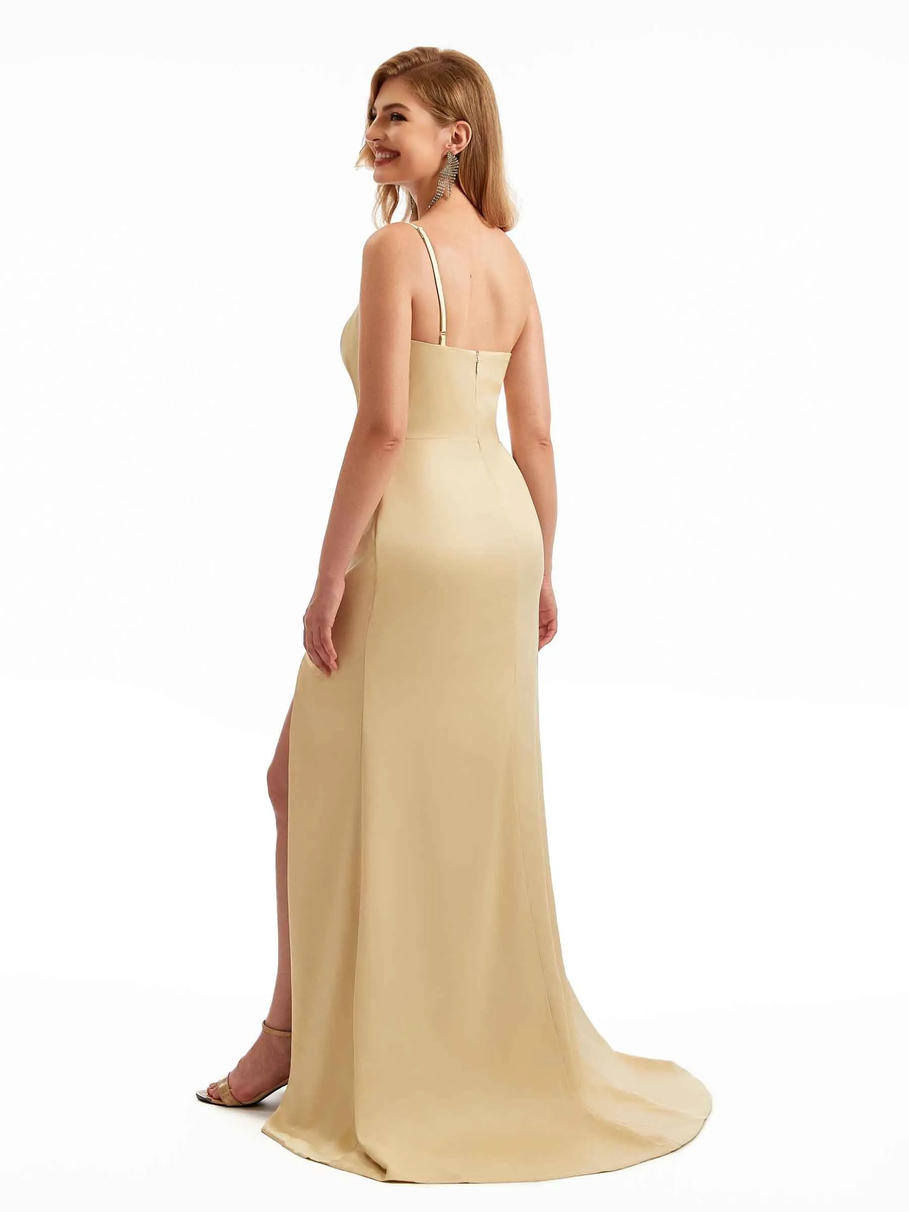 Sexy Stretchy Satin One Shoulder Long Mermaid Maid of Honor Dresses Side Split sold by ChicSew product image thumbnail 4