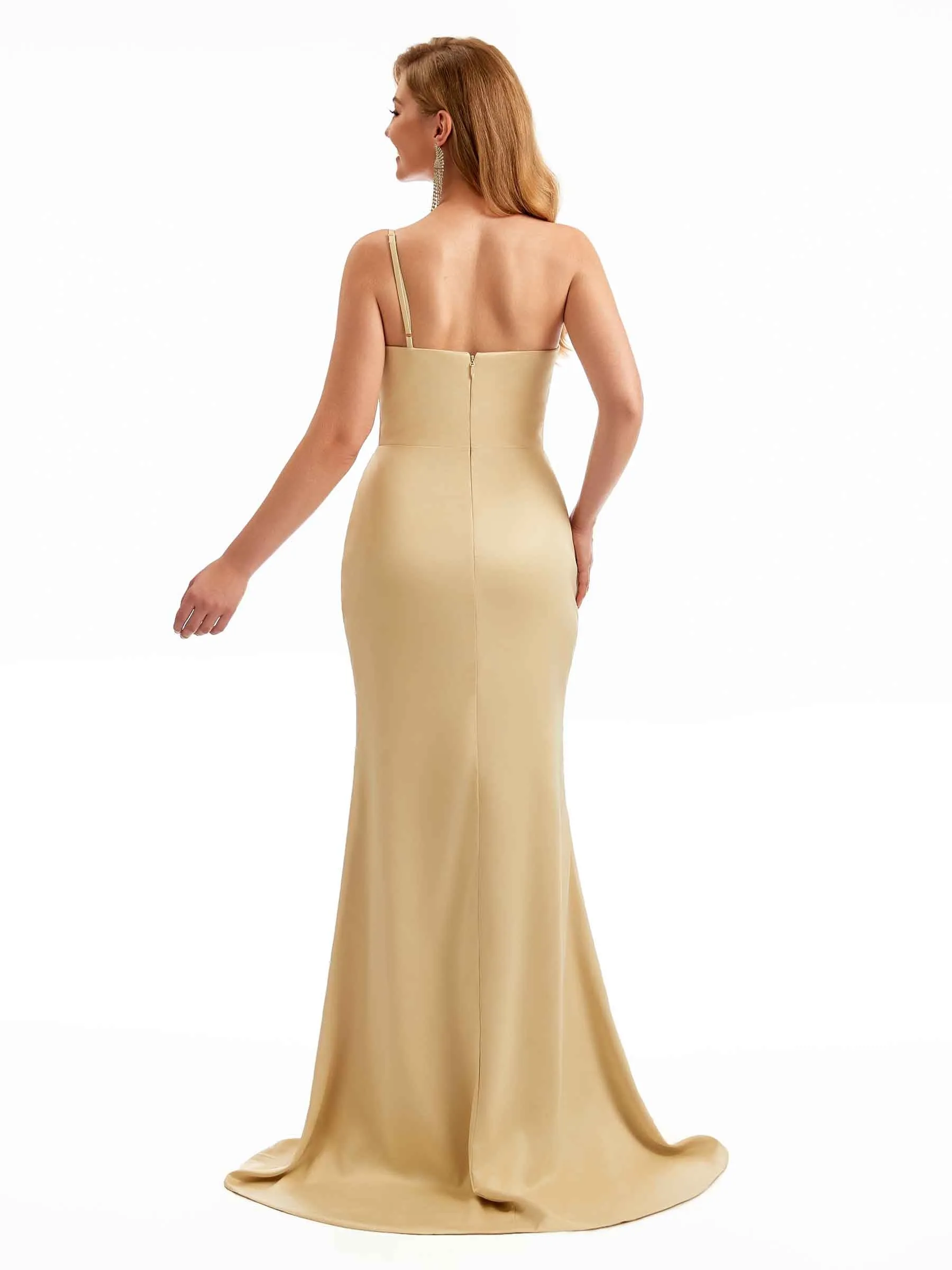Sexy Stretchy Satin One Shoulder Long Mermaid Maid of Honor Dresses Side Split sold by ChicSew product image thumbnail 3