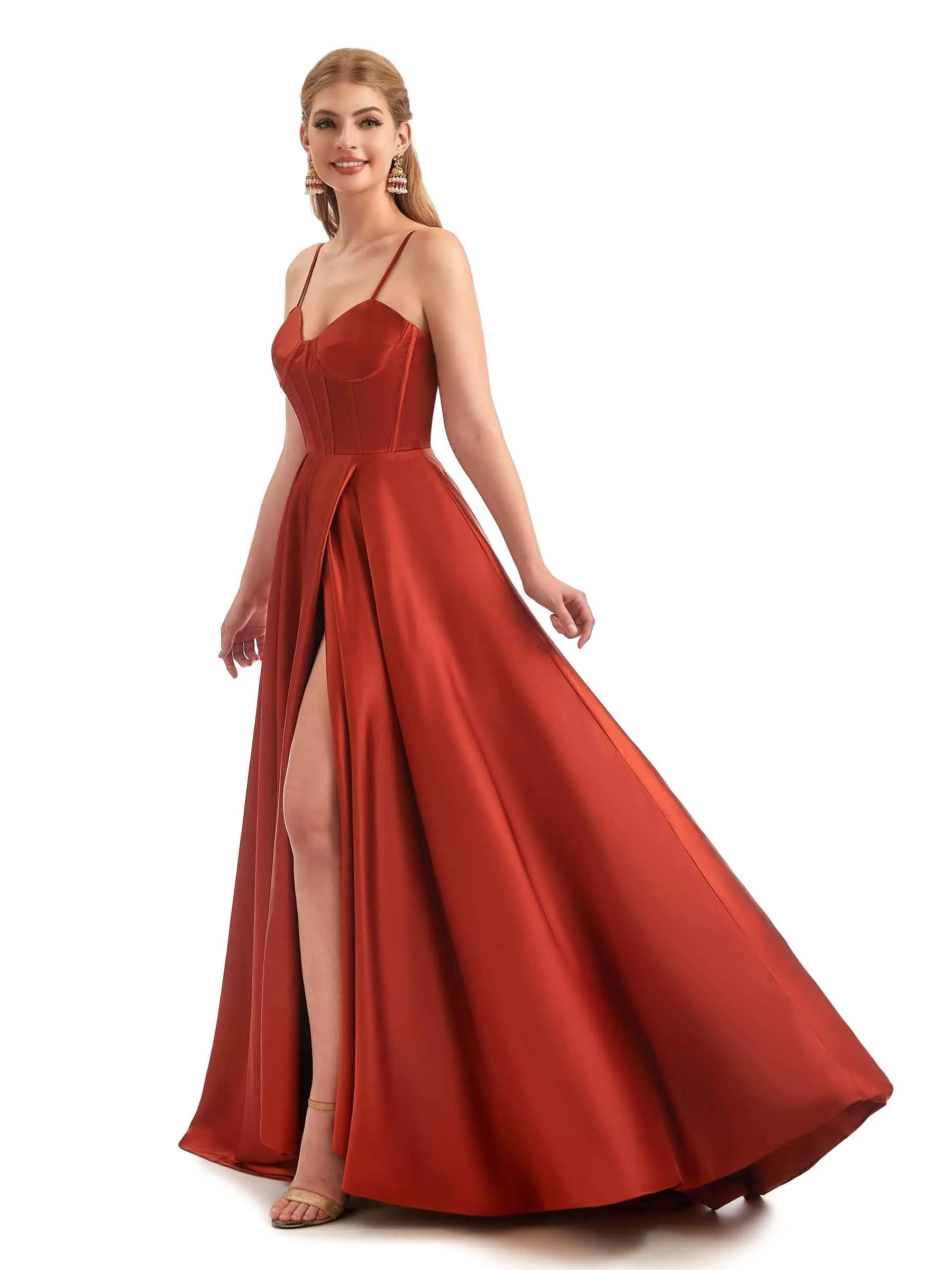 A-Line Formal Satin Long Bridesmaid Dresses Online Side Split Spaghetti Straps sold by ChicSew product image thumbnail 3