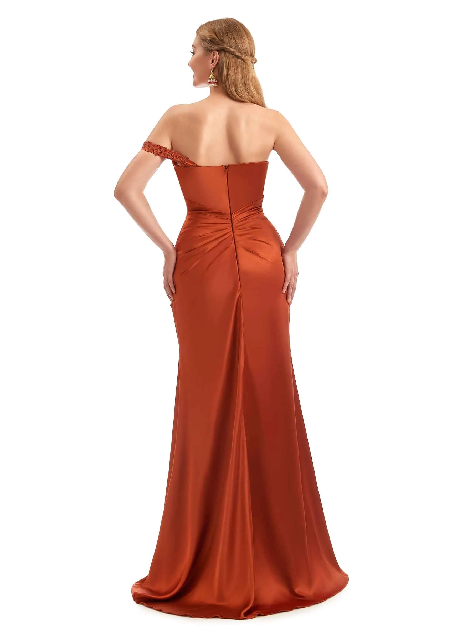 One Shoulder Lace Strap Mermaid Satin Unique Long Bridesmaid Dresses Online sold by ChicSew product image thumbnail 4