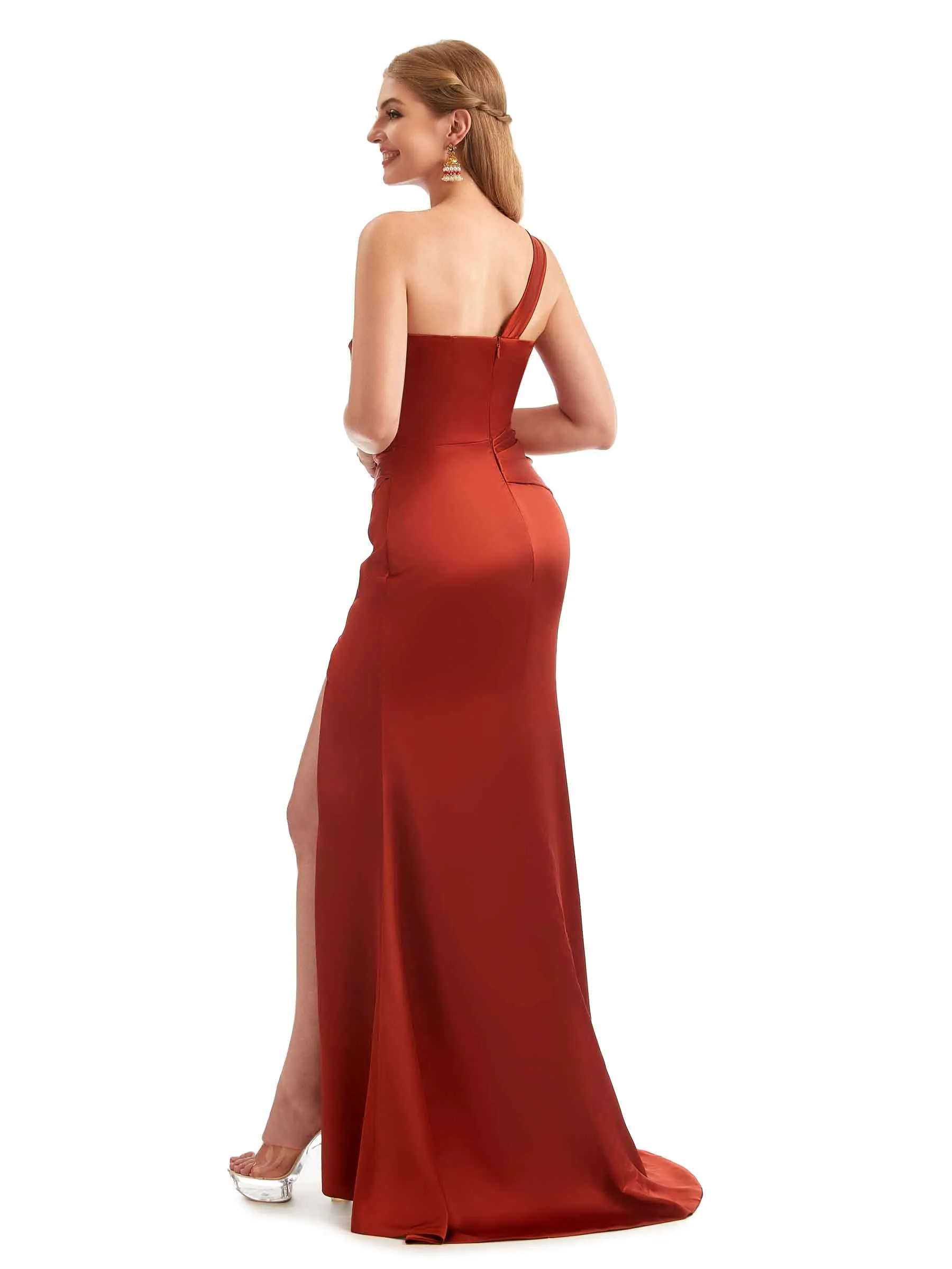 One Shoulder Mermaid Side Split Satin Unique Long Bridesmaid Dresses Online sold by ChicSew product image thumbnail 5