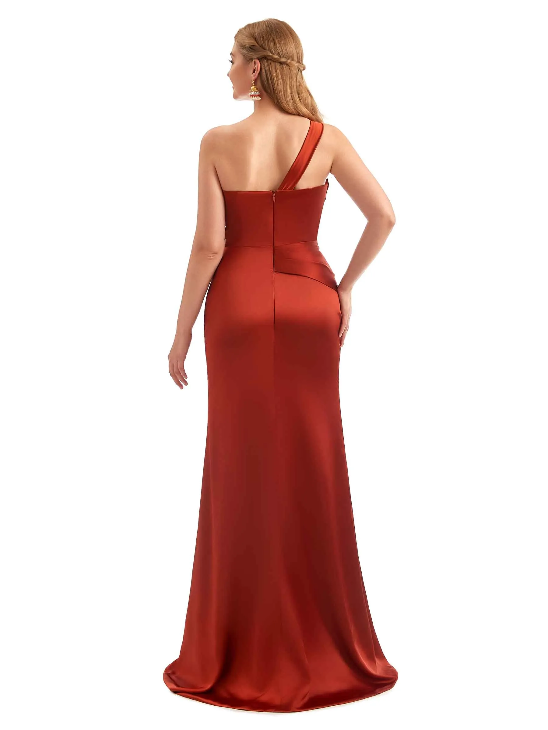 One Shoulder Mermaid Side Split Satin Unique Long Bridesmaid Dresses Online sold by ChicSew product image thumbnail 3