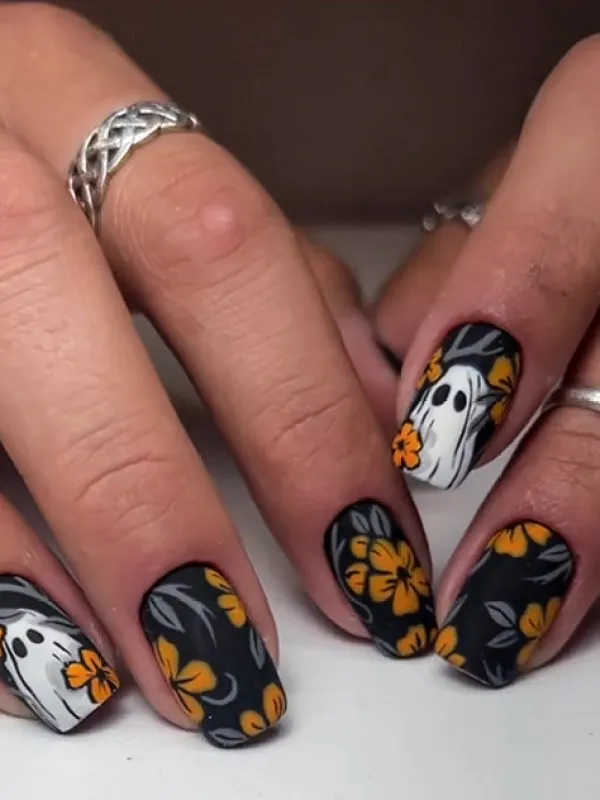 Halloween Yellow Flowers Press on Nails Short Square Fake Nails with Cute Little Ghost Designs sold by ChicSew