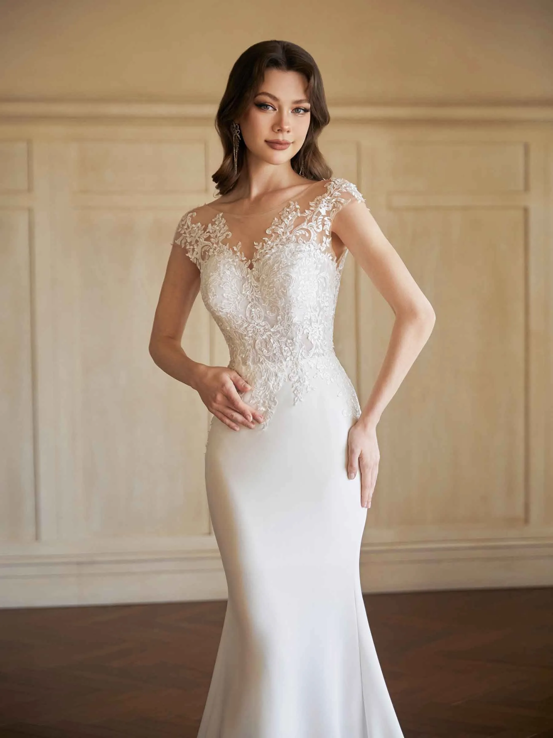 Cap Sleeves Sexy Mermaid Open Back V-neck Maxi Long Lace Wedding Dresses Online sold by ChicSew product image thumbnail 2