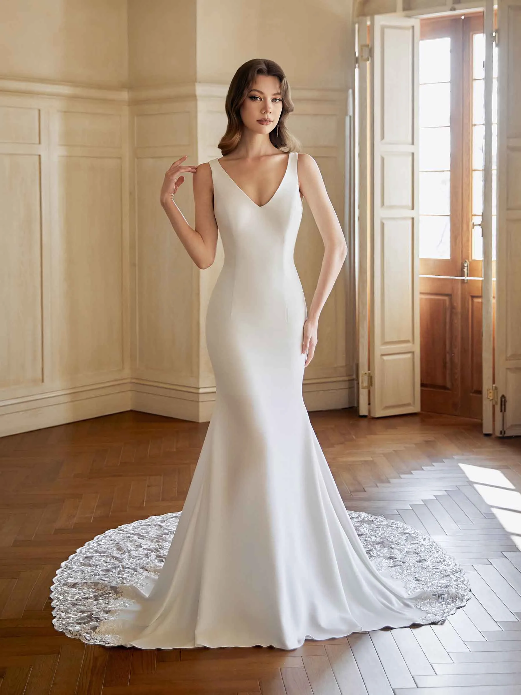 Elegant Mermaid V-neck Sleeveless Maxi Long Lace Wedding Dresses Online sold by ChicSew