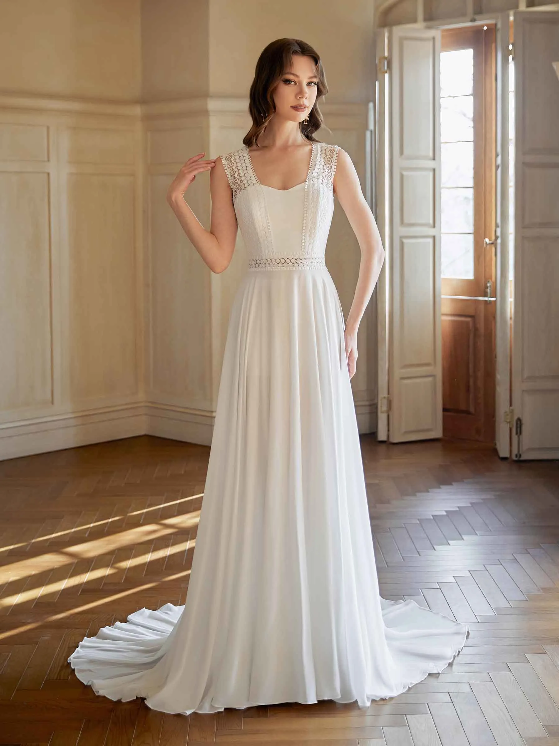 Elegant Lace Straps Open Back Long Beach Wedding Dresses Online sold by ChicSew