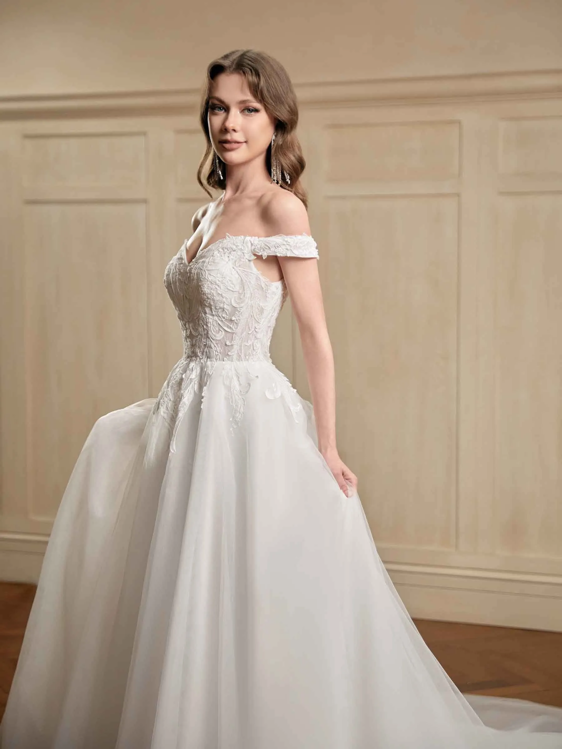 A-line Off The Shoulder V-neck Maxi Long Lace Wedding Dresses Online sold by ChicSew product image thumbnail 3