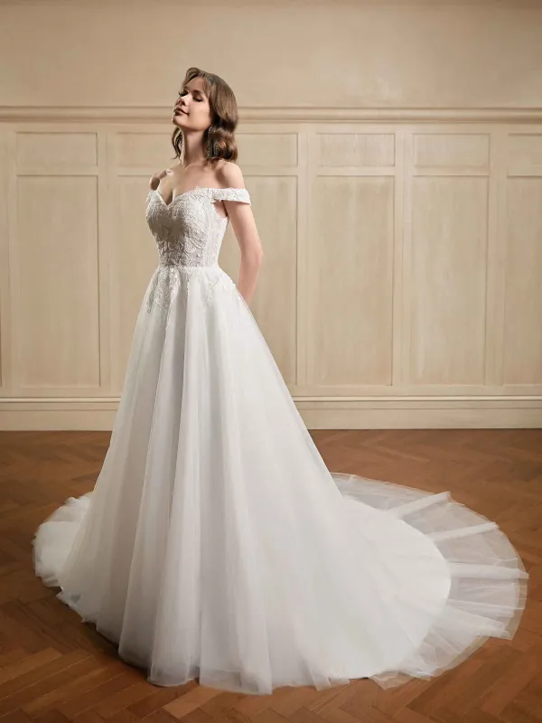 A-line Off The Shoulder V-neck Maxi Long Lace Wedding Dresses Online sold by ChicSew