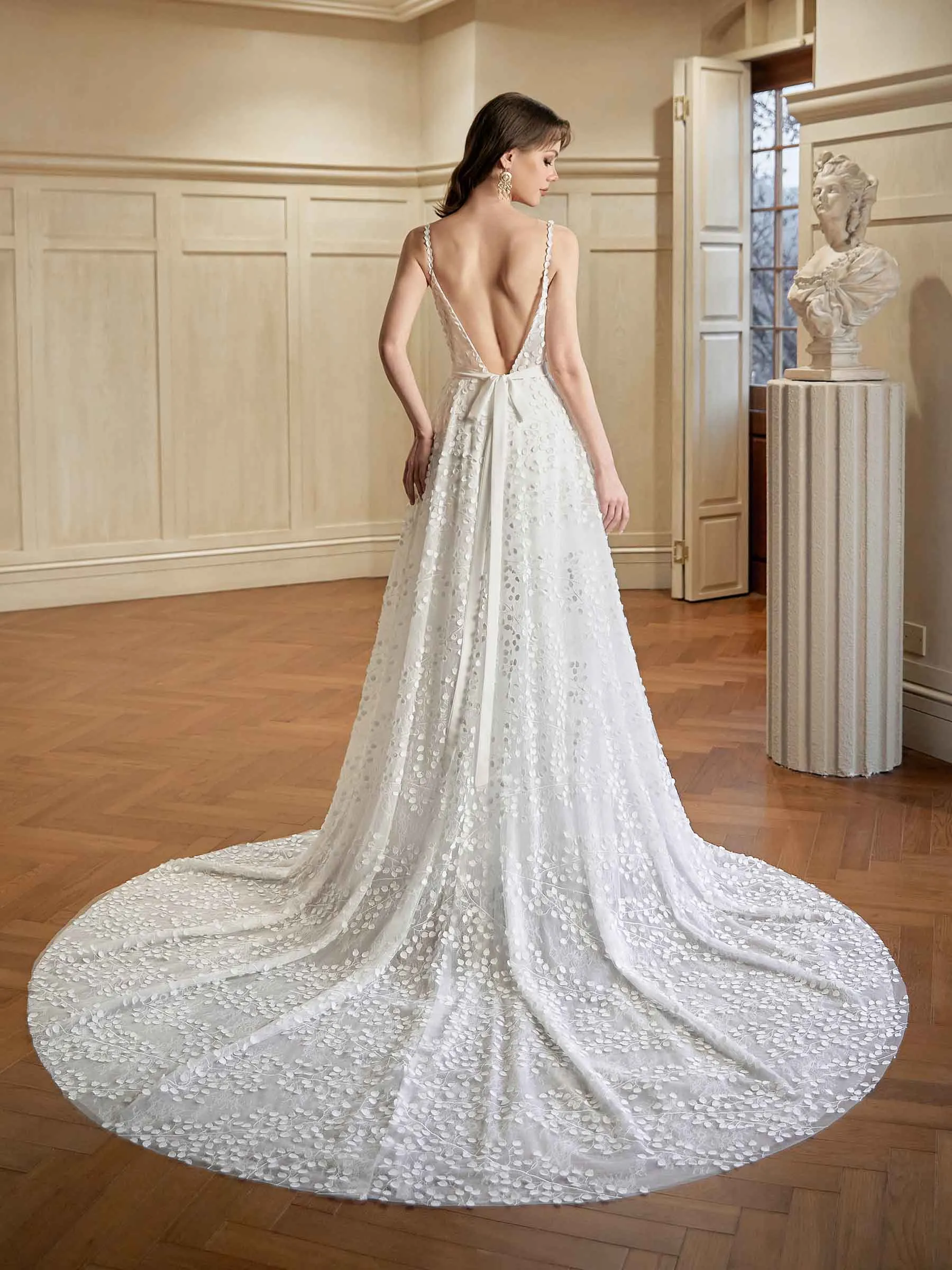 Off White A-line Spaghetti Straps V-neck Maxi Long Lace Wedding Dresses Online sold by ChicSew product image thumbnail 5