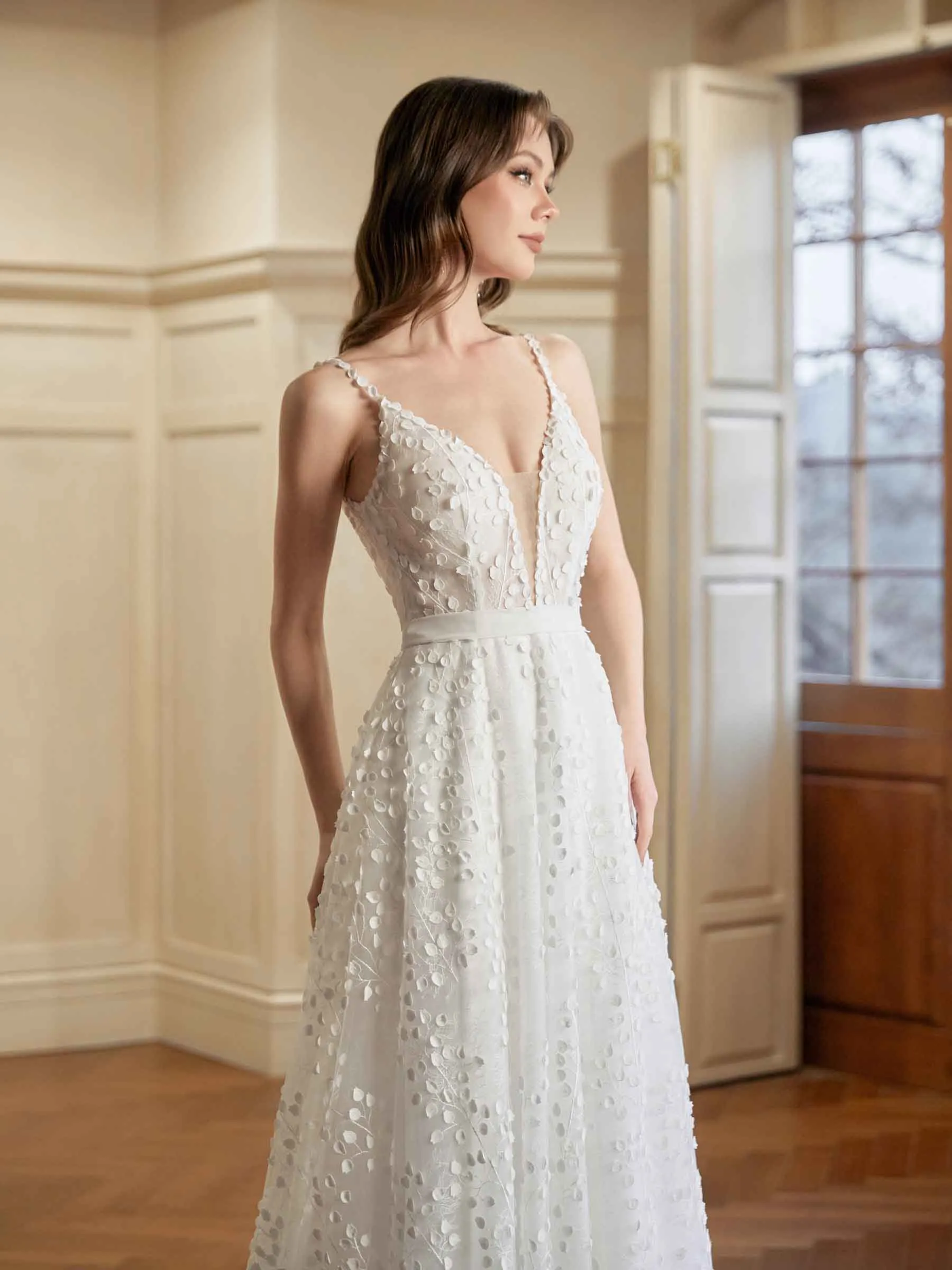 Off White A-line Spaghetti Straps V-neck Maxi Long Lace Wedding Dresses Online sold by ChicSew product image thumbnail 3