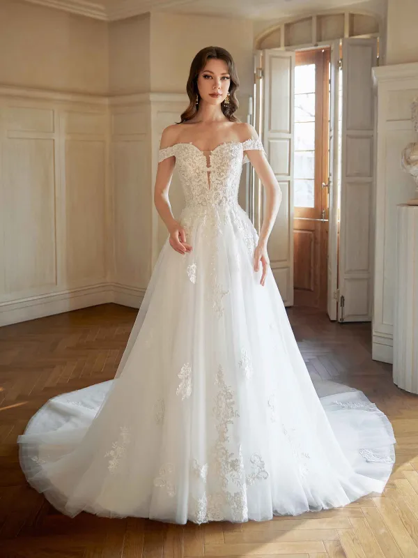Elegant Off The Shoulder A-line Maxi Long Lace Wedding Dresses Online sold by ChicSew