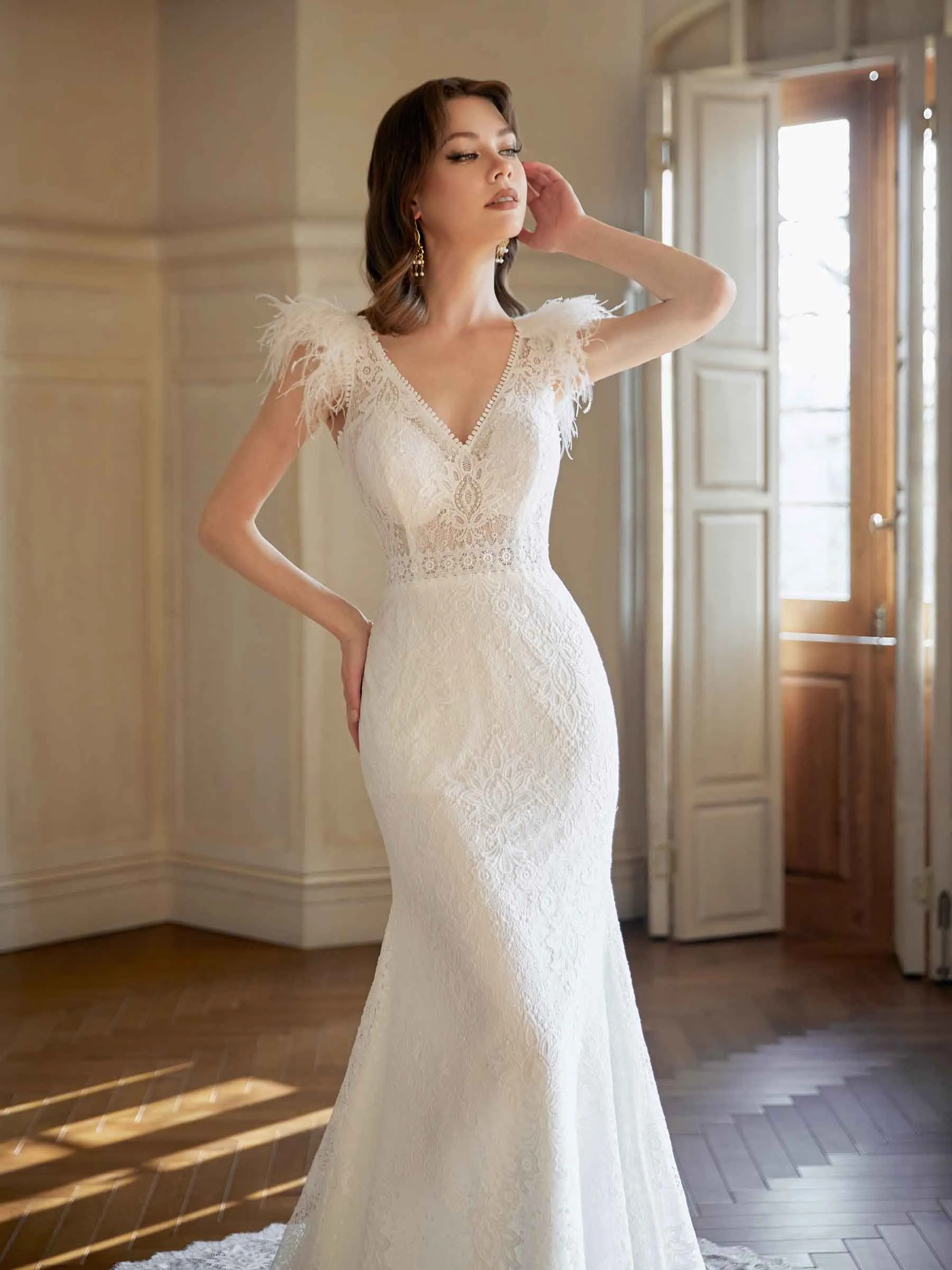 Sexy Mermaid Cap Sleeves V-neck Maxi Long Lace Wedding Dresses With Feather sold by ChicSew product image thumbnail 2