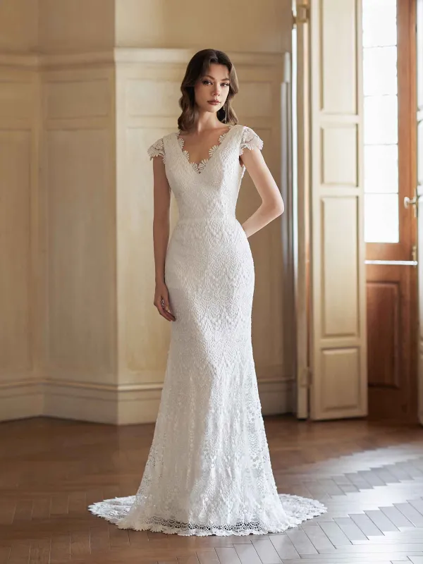Sexy Mermaid Open Back V-neck Maxi Long Lace Wedding Dresses Online sold by ChicSew