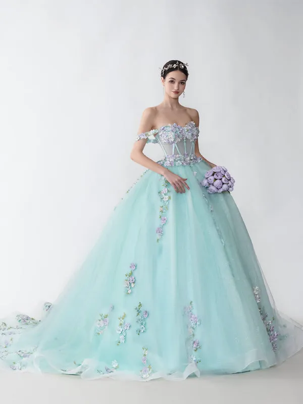 Floral A-line Mint Off Shoulder Maxi Long Party Prom Dresses, Evening Dresses sold by ChicSew