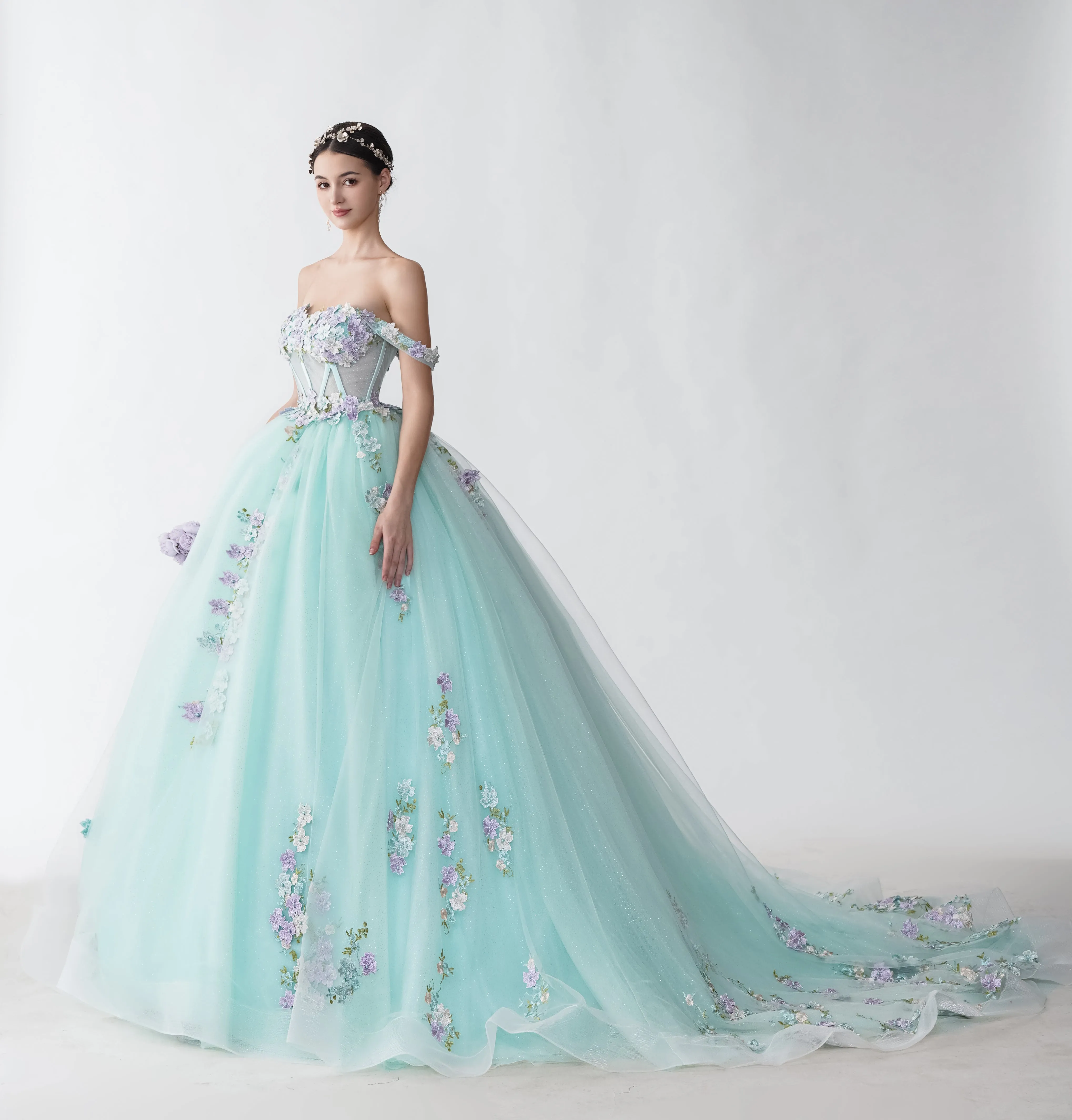 Floral A-line Mint Off Shoulder Maxi Long Party Prom Dresses, Evening Dresses sold by ChicSew product image thumbnail 5