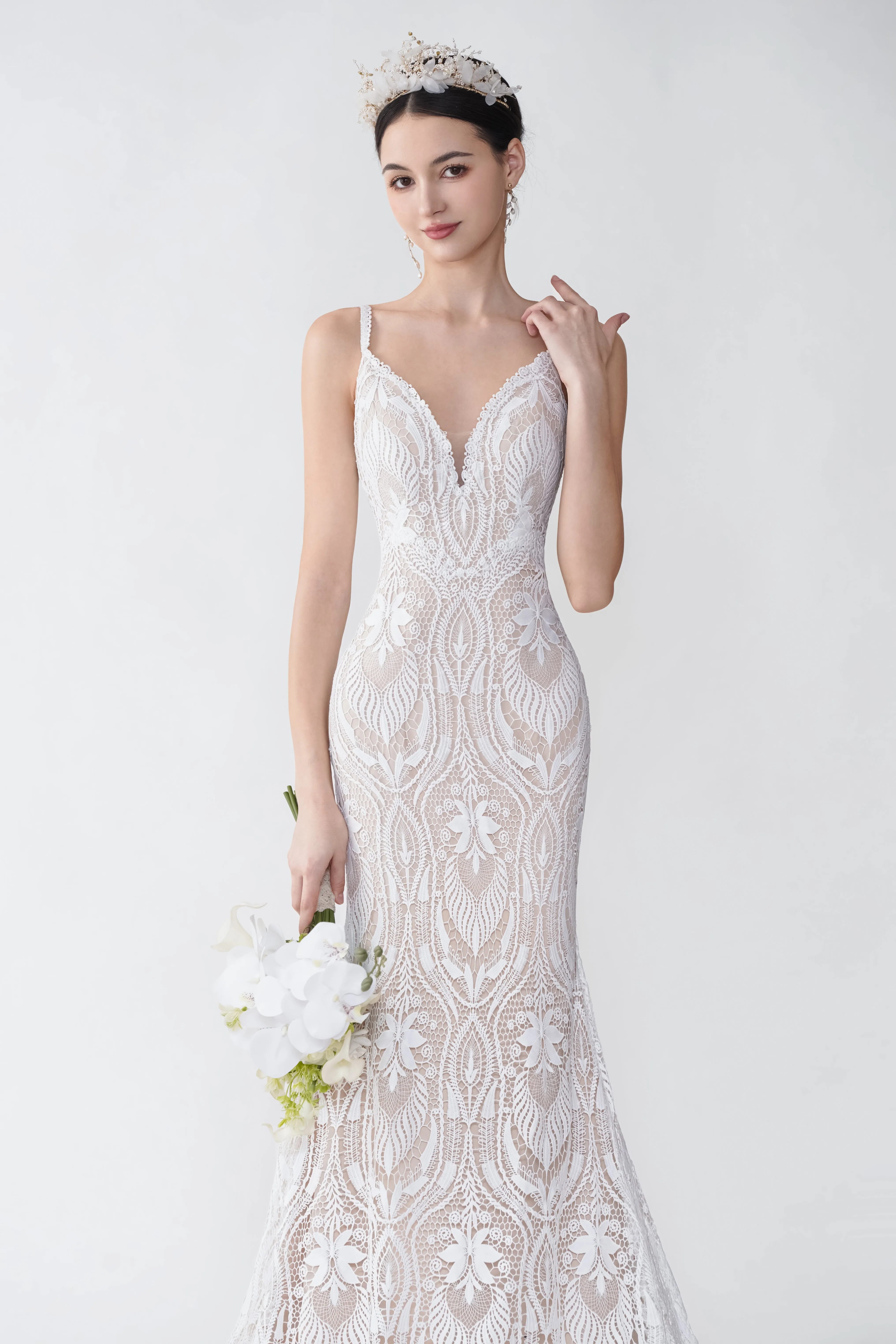 Sexy Mermaid Spaghetti Straps V-neck Maxi Long Lace Wedding Dresses sold by ChicSew product image thumbnail 3