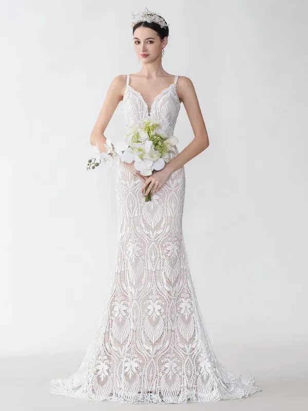 Sexy Mermaid Spaghetti Straps V-neck Maxi Long Lace Wedding Dresses sold by ChicSew