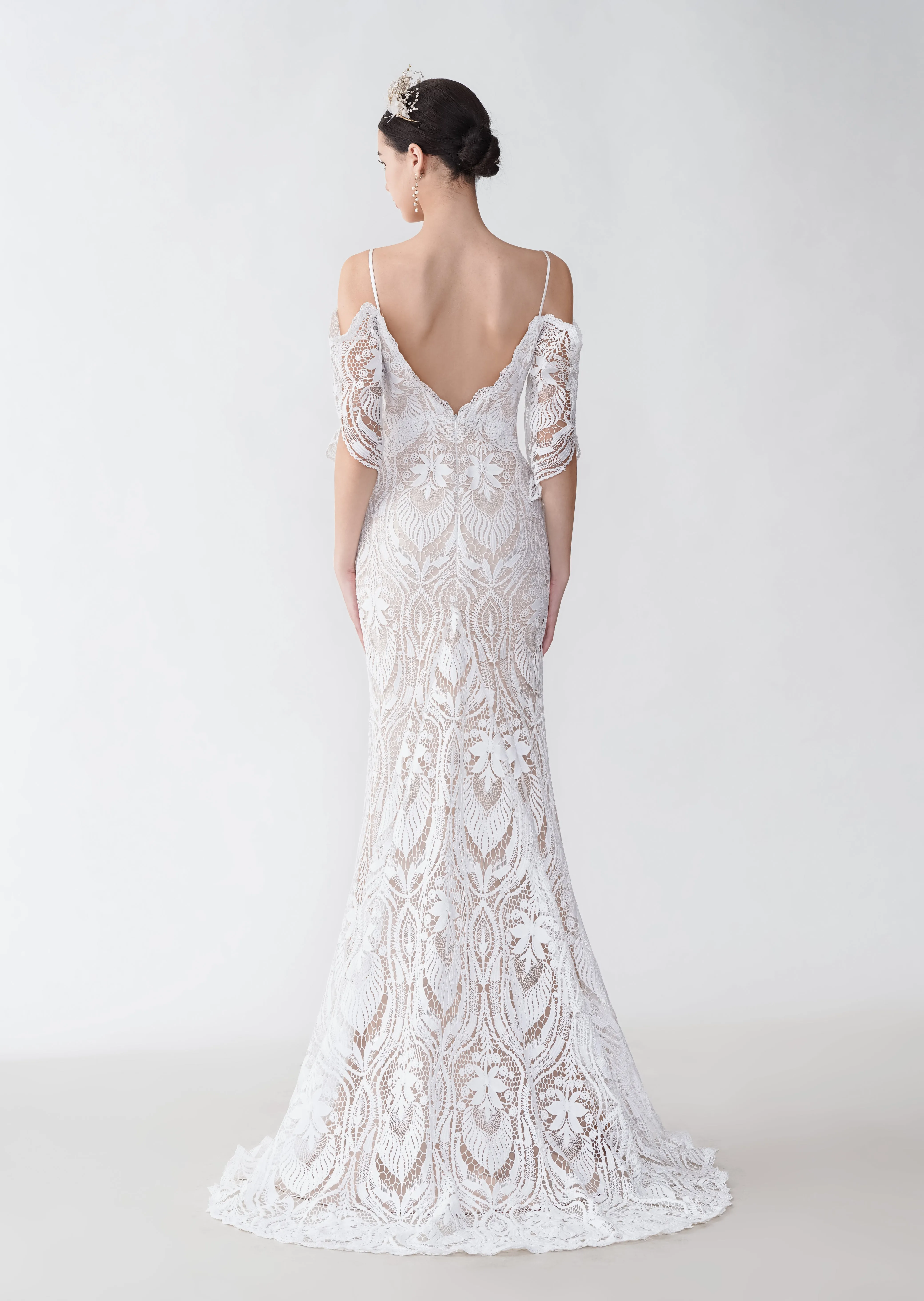 Sexy Mermaid Cold Shoulder V-neck Open Back Maxi Long Lace Wedding Dresses sold by ChicSew product image thumbnail 3