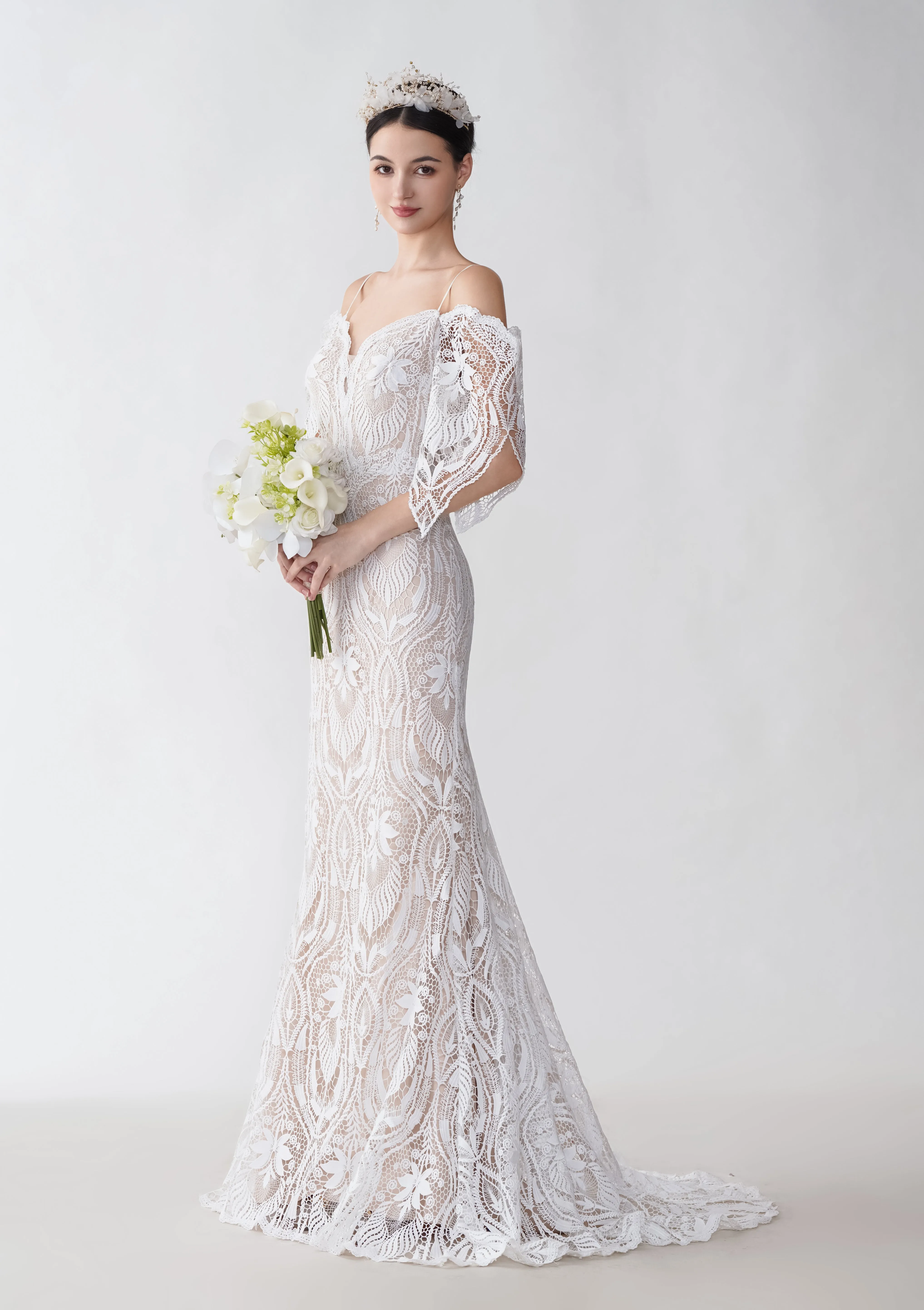 Sexy Mermaid Cold Shoulder V-neck Open Back Maxi Long Lace Wedding Dresses sold by ChicSew product image thumbnail 4