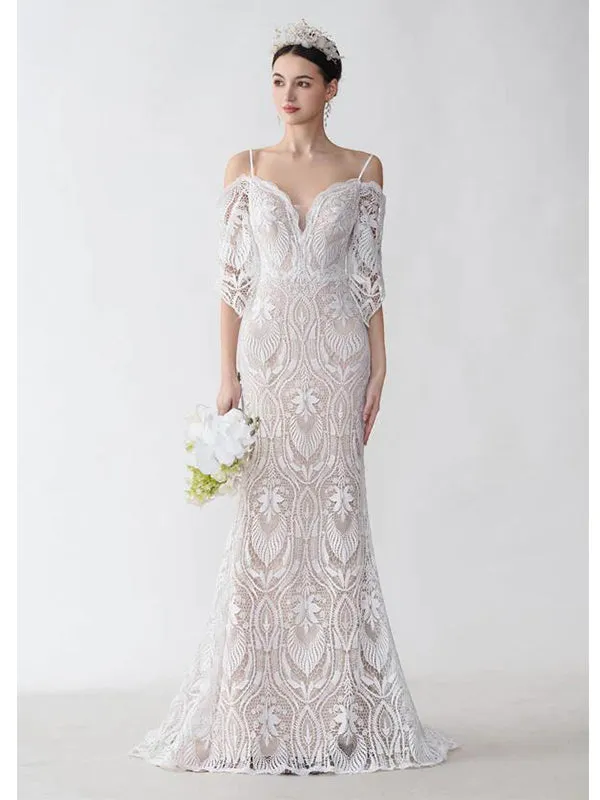 Sexy Mermaid Cold Shoulder V-neck Open Back Maxi Long Lace Wedding Dresses sold by ChicSew