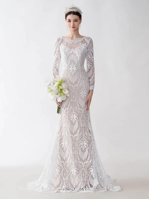 Sexy Mermaid Long Sleeves Jewel Maxi Long Lace Wedding Dresses sold by ChicSew