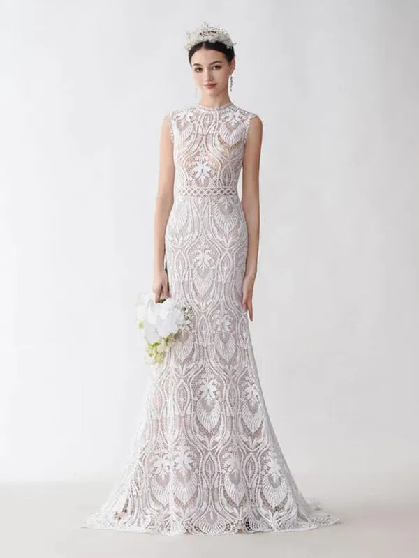 Sexy Mermaid Sleeveless Open Back Maxi Long Lace Wedding Dresses sold by ChicSew