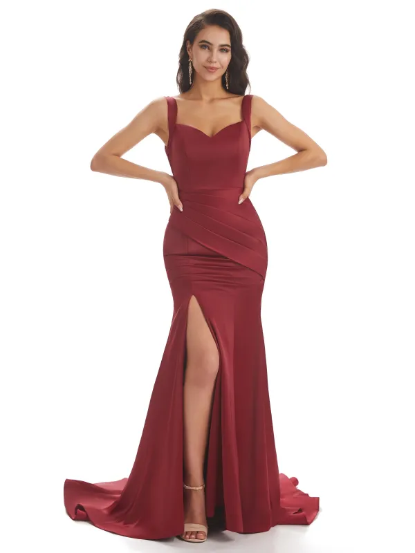 Sexy Soft Satin Side Slit Straps Square Floor-Length Mermaid Bridesmaid Dresses For Wedding sold by ChicSew