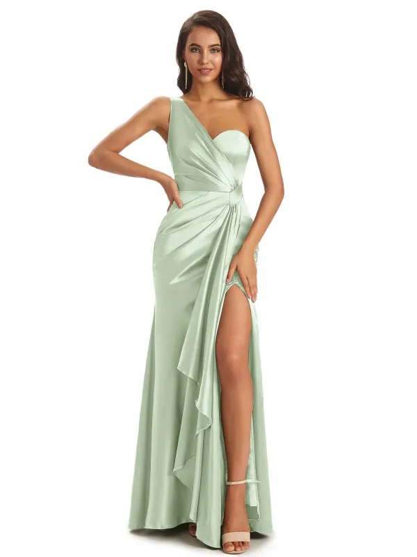 Elegant Soft Satin Side Slit One Shoulder Unique Mermaid Bridesmaid Dresses Online For Wedding sold by ChicSew