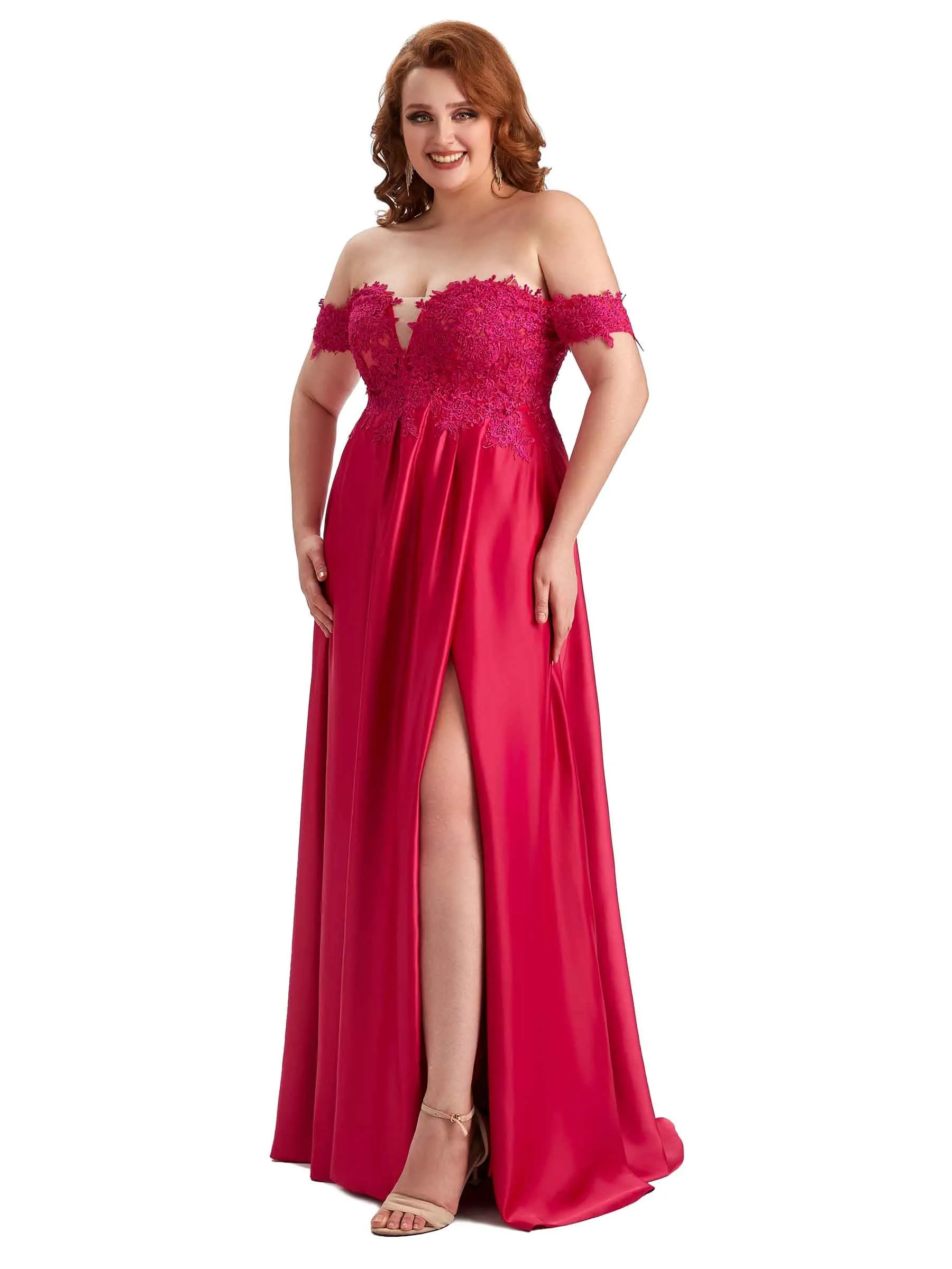 Plus Size Off Shoulder Side Slit Lace Soft Satin Long Bridesmaid Dresses For Wedding sold by ChicSew product image thumbnail 4