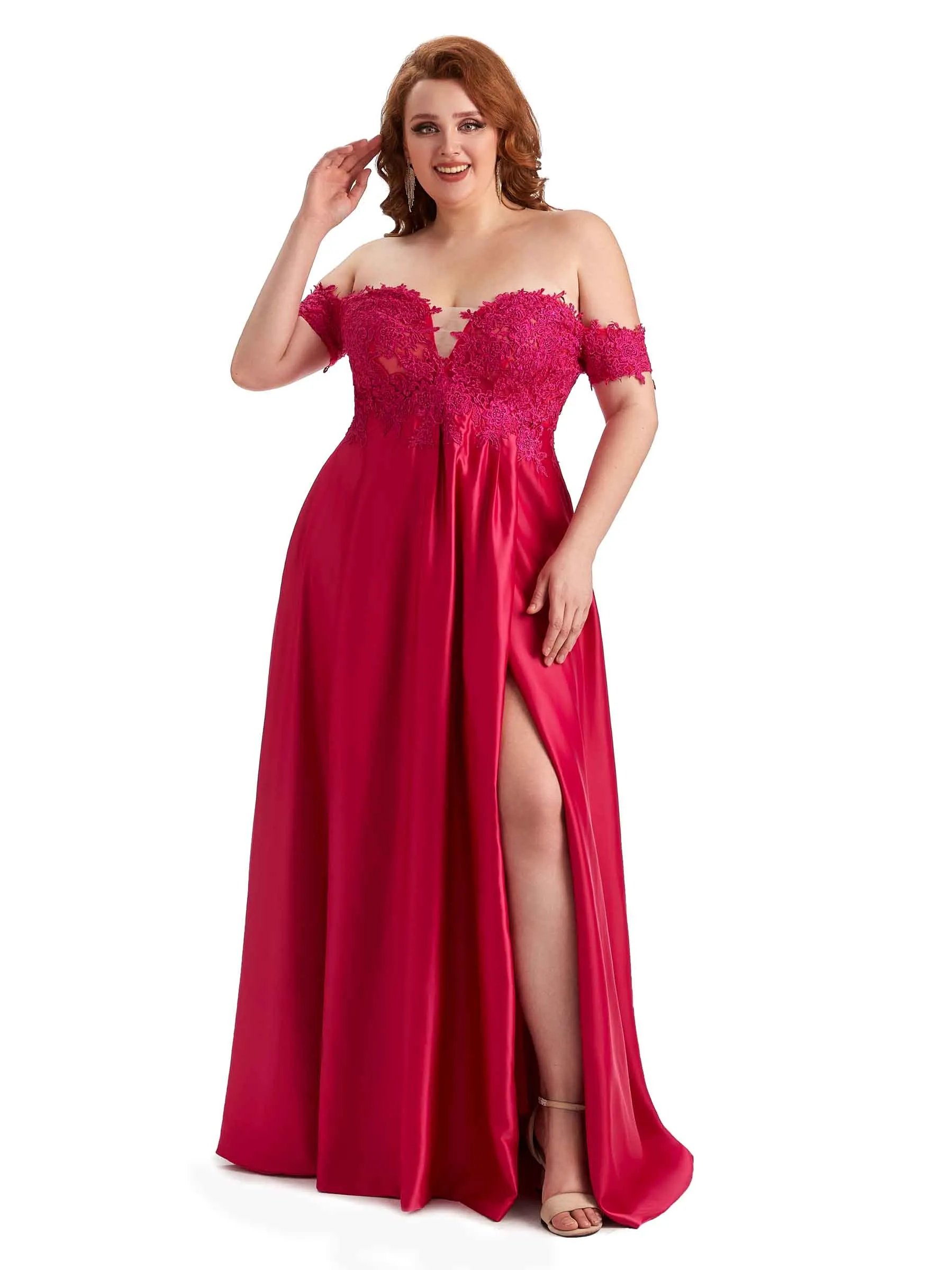 Plus Size Off Shoulder Side Slit Lace Soft Satin Long Bridesmaid Dresses For Wedding sold by ChicSew