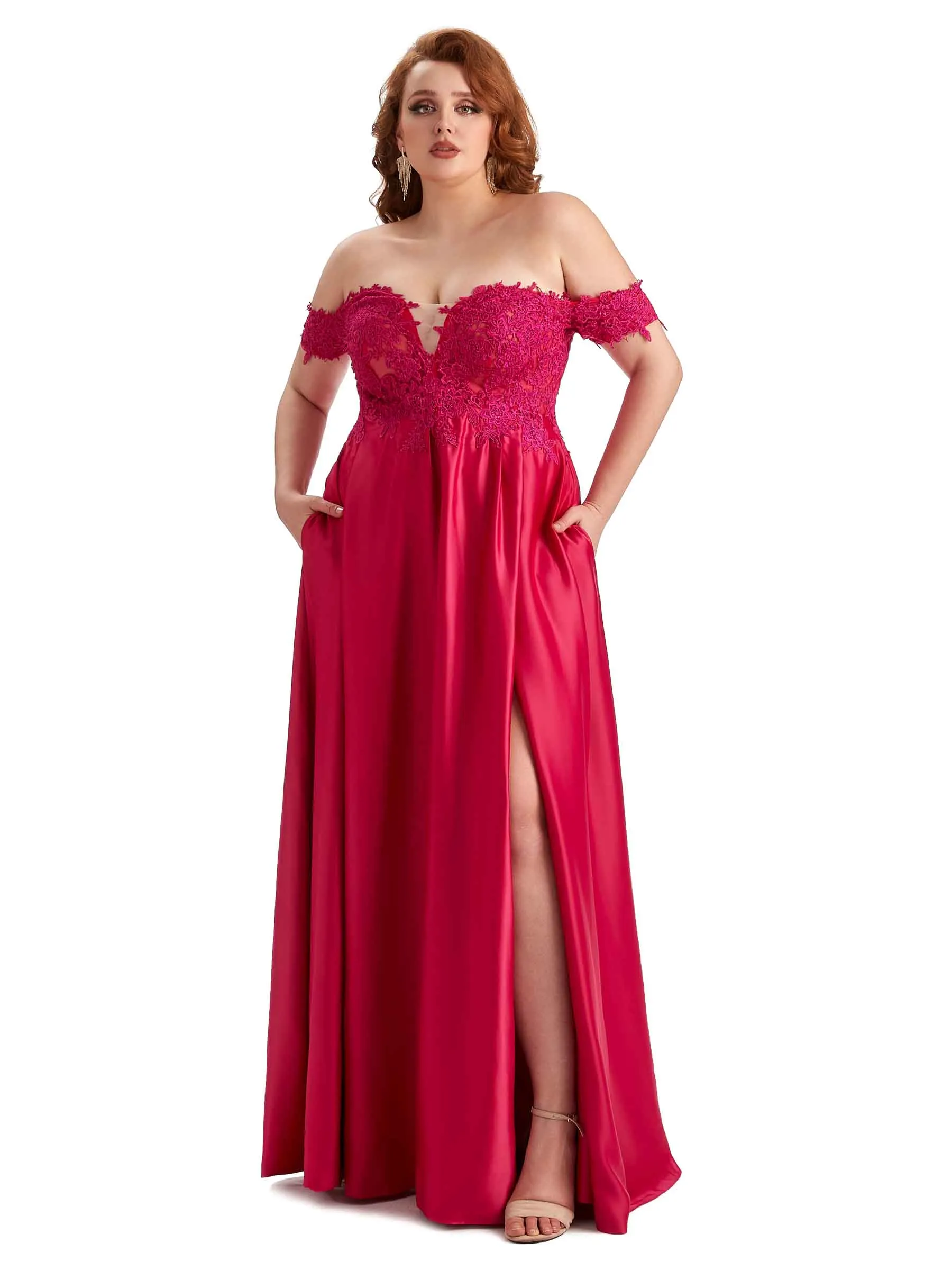 Plus Size Off Shoulder Side Slit Lace Soft Satin Long Bridesmaid Dresses For Wedding sold by ChicSew product image thumbnail 5