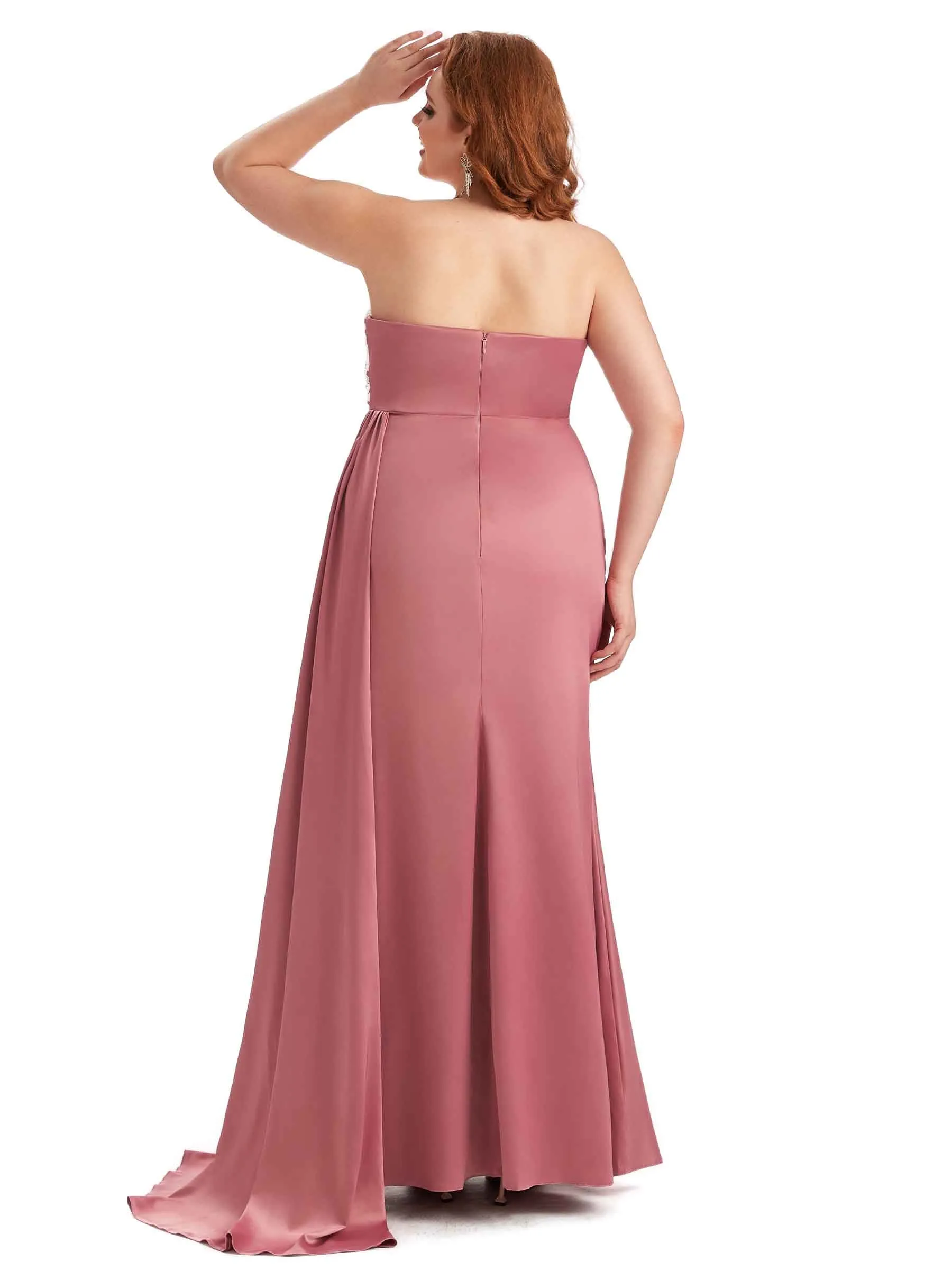 Plus Size Sexy Side Slit Strapless Mermaid Lace Soft Satin Size Maid of Honor Dresses sold by ChicSew product image thumbnail 3