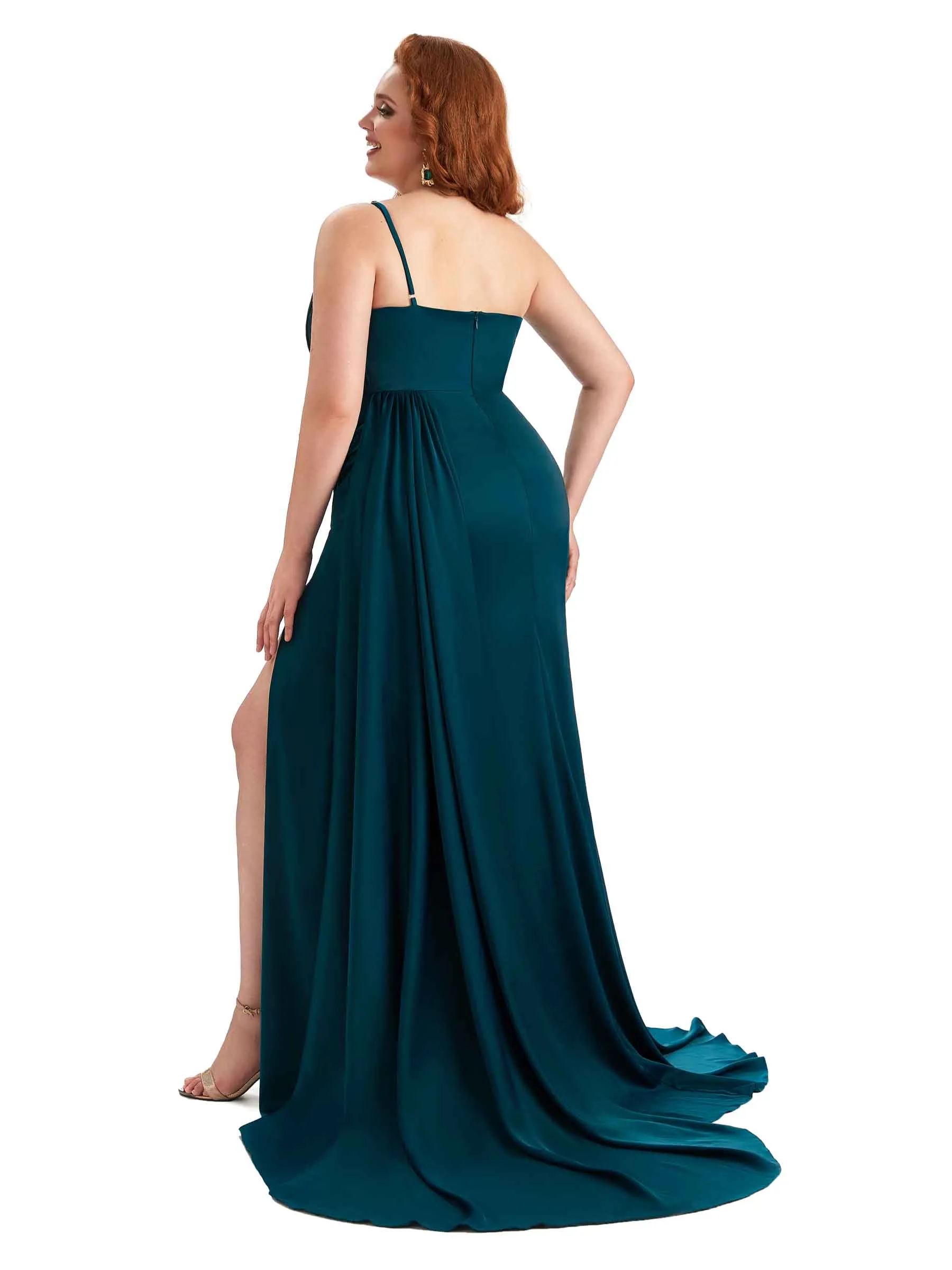 Plus Size One Shoulder Sexy Side Slit Mermaid Soft Satin Long Bridesmaid Dresses Online sold by ChicSew product image thumbnail 5